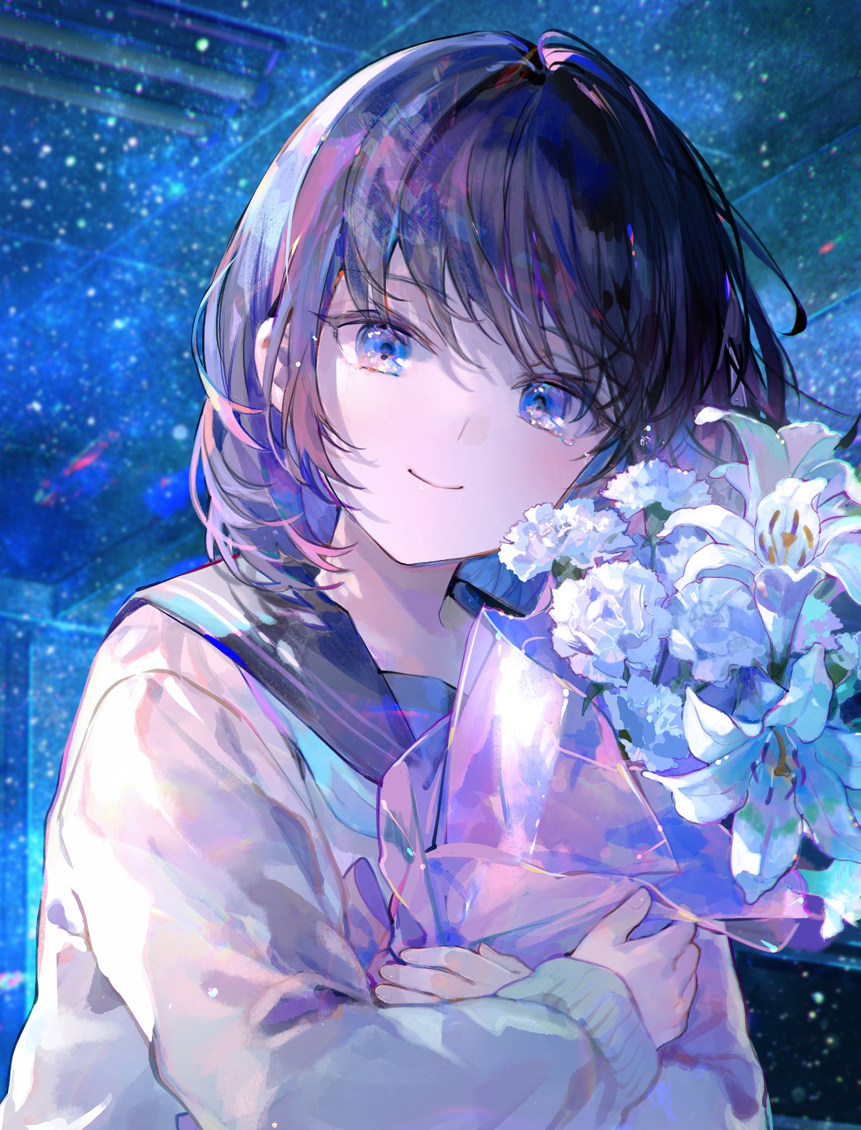Anime Anime Girls Schoolgirl School Uniform Smiling Flowers Sky Stars Portrait Display Short Hair Lo 1739x2281