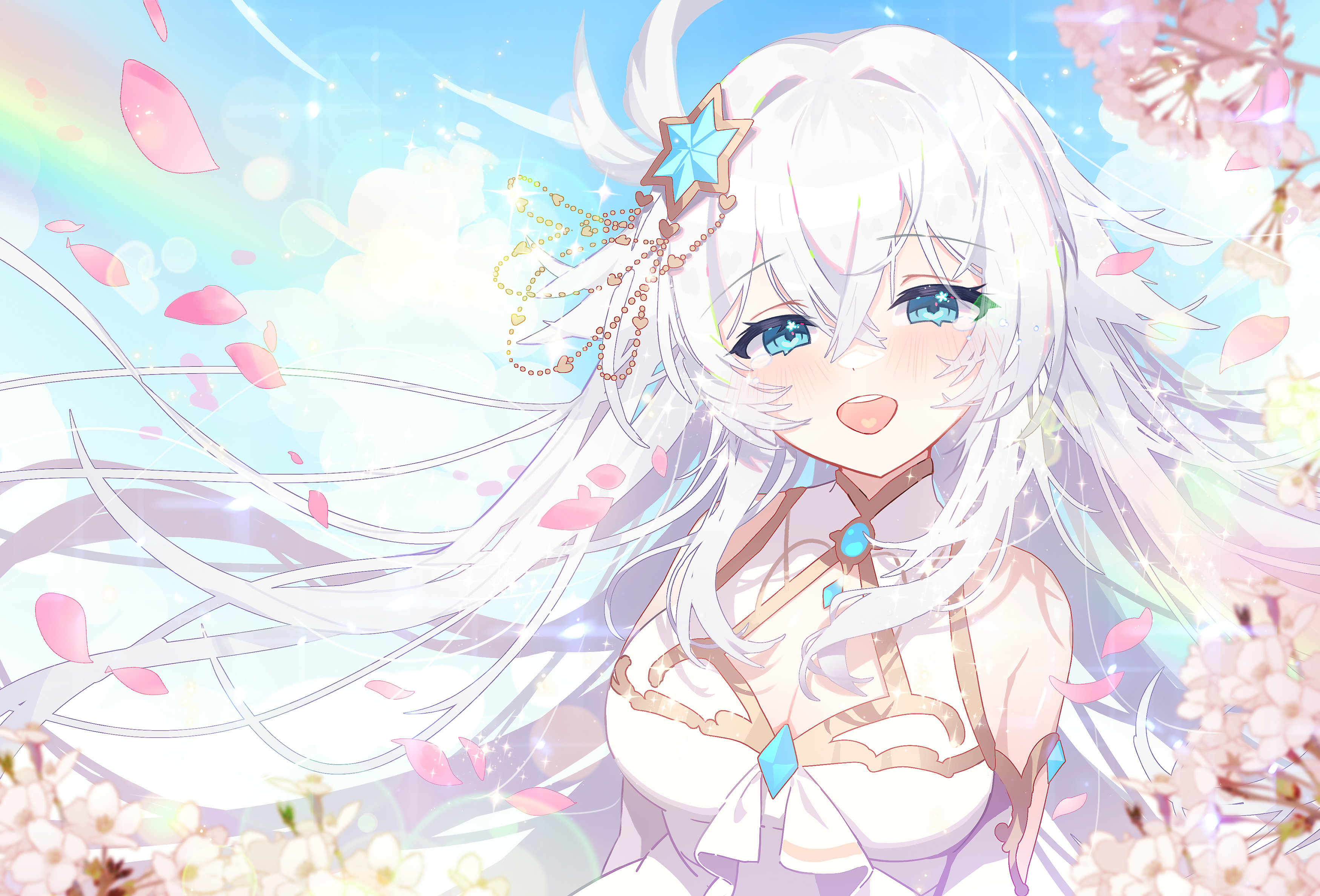 Anime Anime Girls Long Hair Petals Rainbows Sunlight Open Mouth Blushing Looking At Viewer White Hai 3500x2377