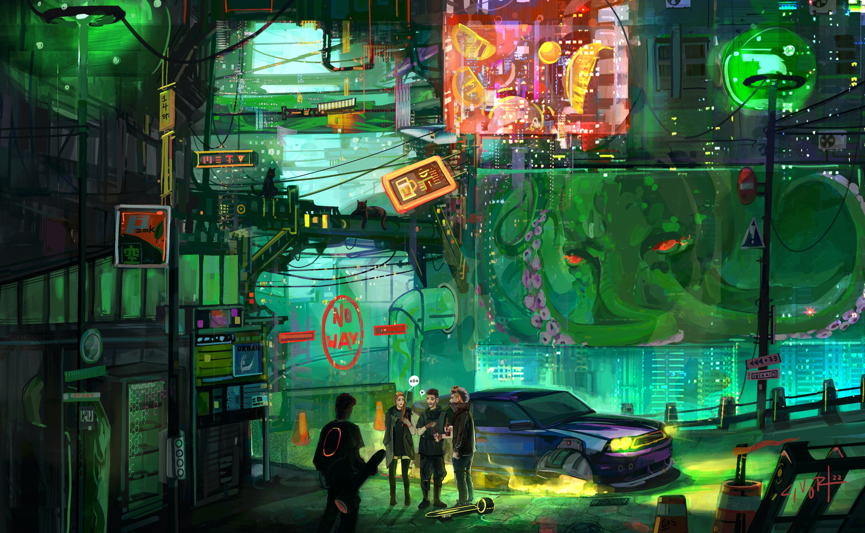 Civort Digital Art Artwork Illustration Painting City Street Green Cyberpunk Vehicle Futuristic 3000x1851