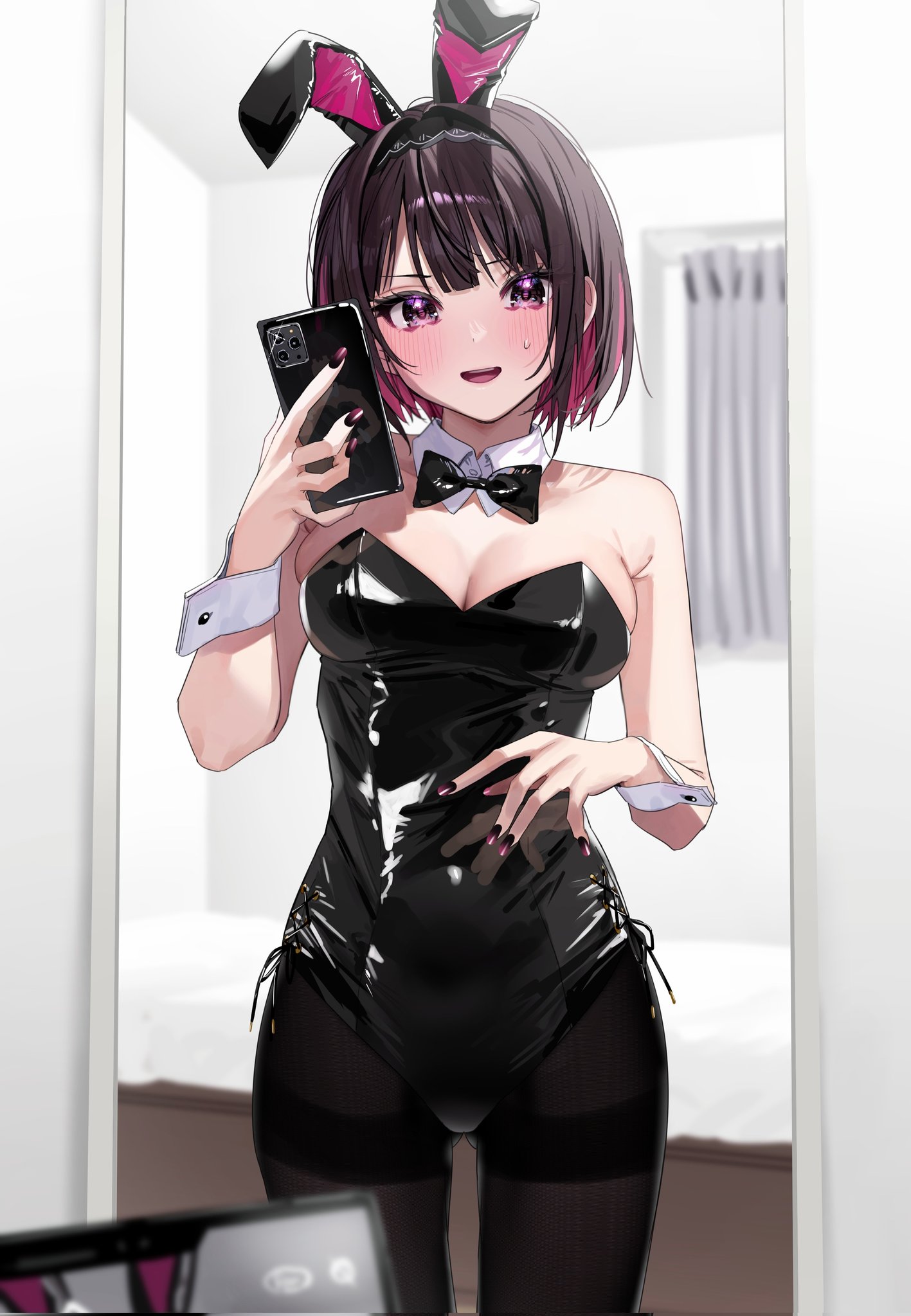Anime Anime Girls Vertical Bunny Ears Bow Tie Phone Selfies Blushing Mirror Reflection 1417x2048