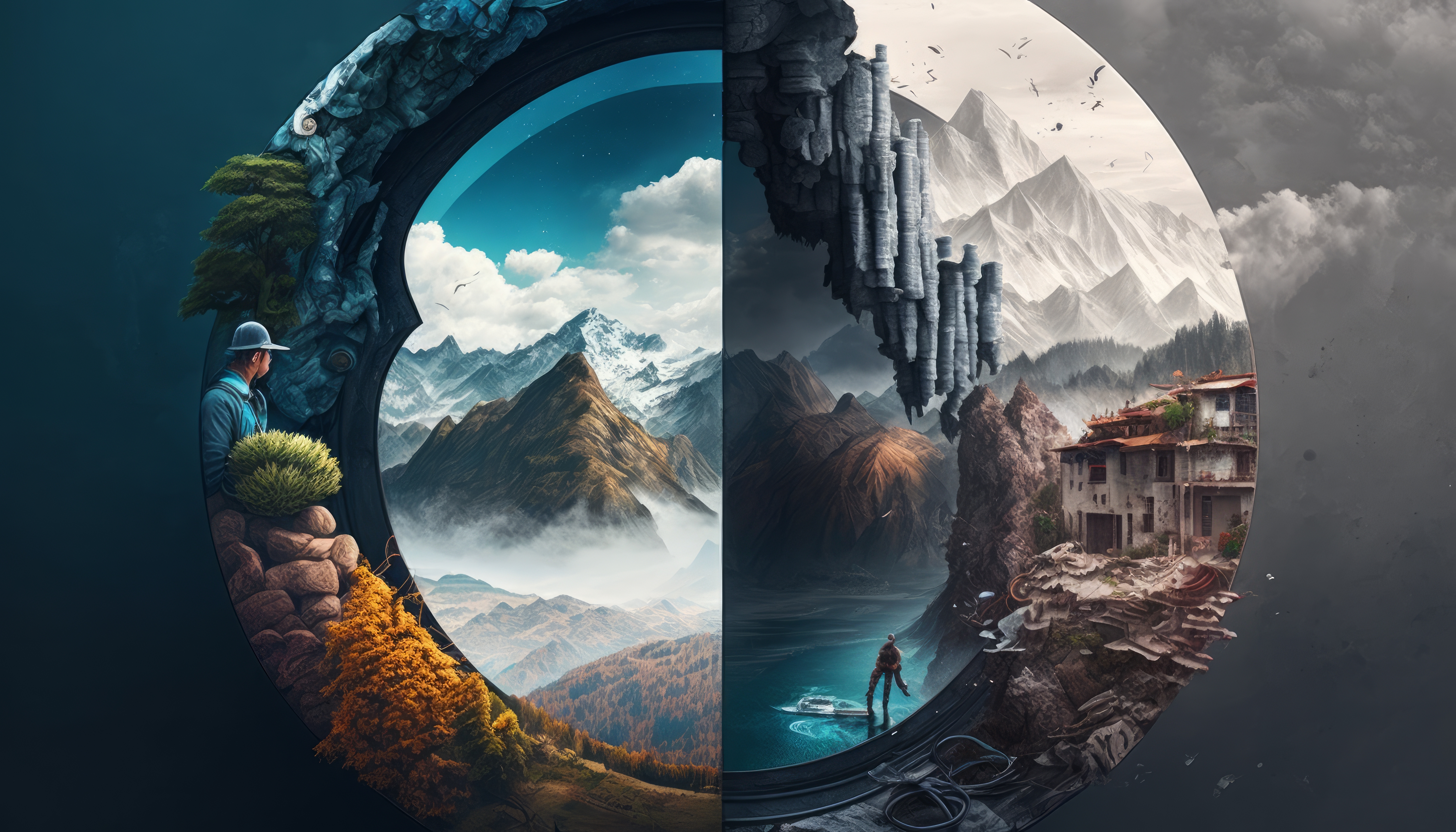 Ai Art Illustration Circle Composite Mountains Nature Water Clouds 4579x2616