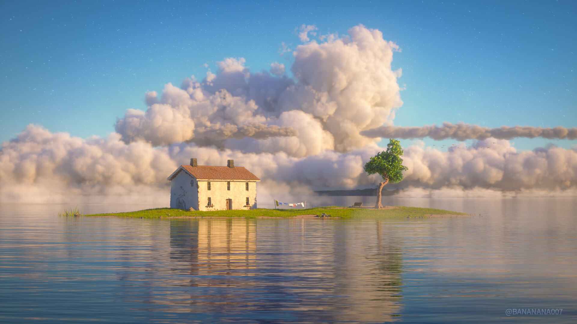 Island House Trees Clouds Water Building Spirited Away 1920x1080