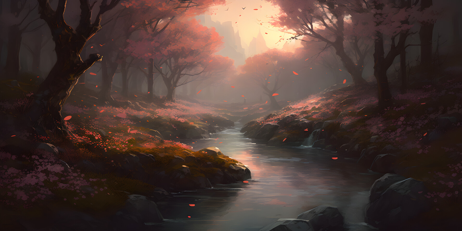 Cherry Trees Peace Forest River Stream Blooming Nature Mountains Landscape Sunlight Water Trees Peta 1920x960