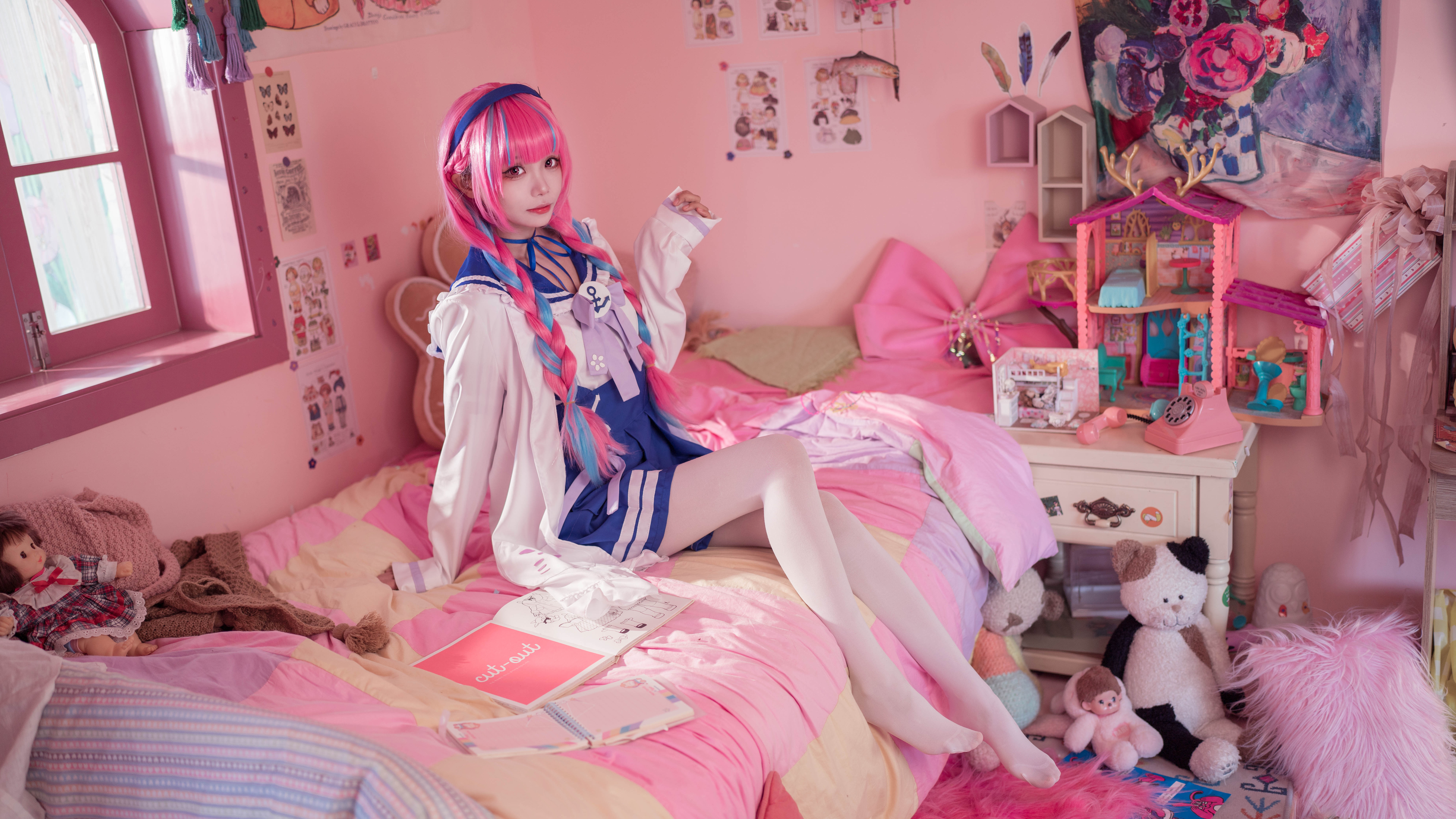 Minato Aqua Pink Hair Asian Cosplay Maid Outfit Women Legs Feet Indoors 7952x4472