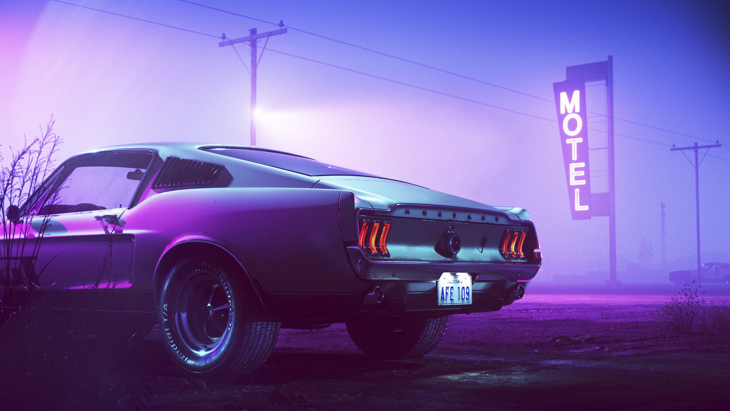 Retrowave Neon Synthwave Vaporwave Ford Mustang Car Taillights Licence Plates 2560x1440