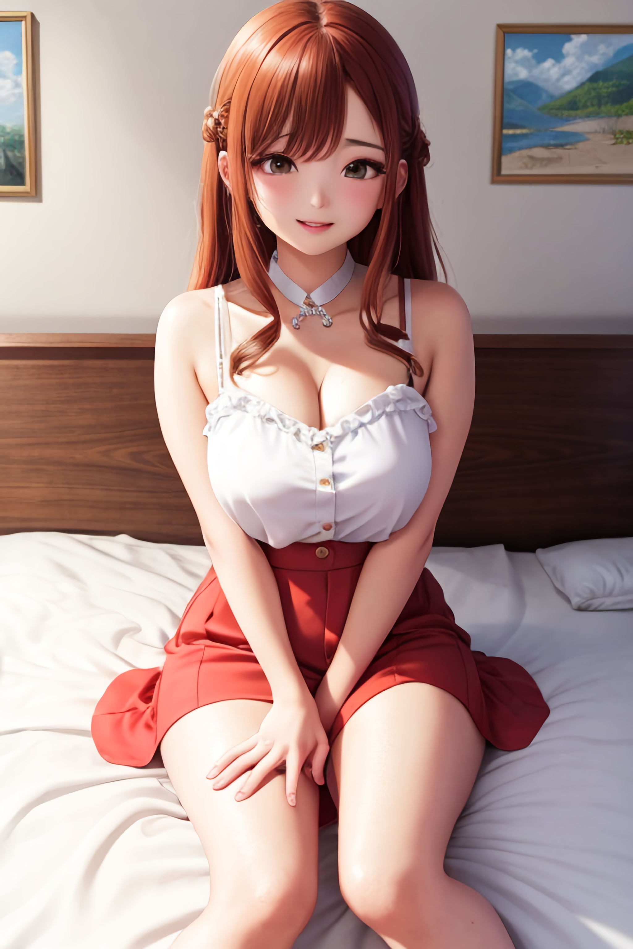 Japan Anime Girls Vertical Looking At Viewer Redhead Smiling Pillow Bed Ai Art 2048x3072