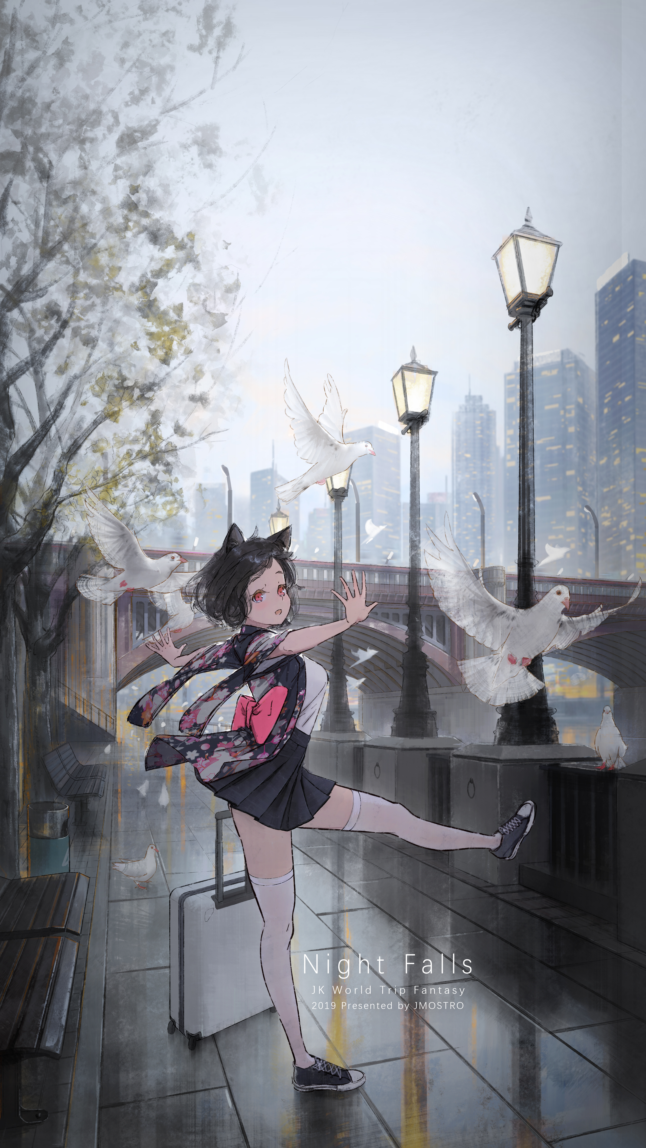 JMOSTRO Anime Anime Girls Birds Legs Suitcase Skirt Dark Hair Women Outdoors Urban Red Eyes Animals 2555x4540