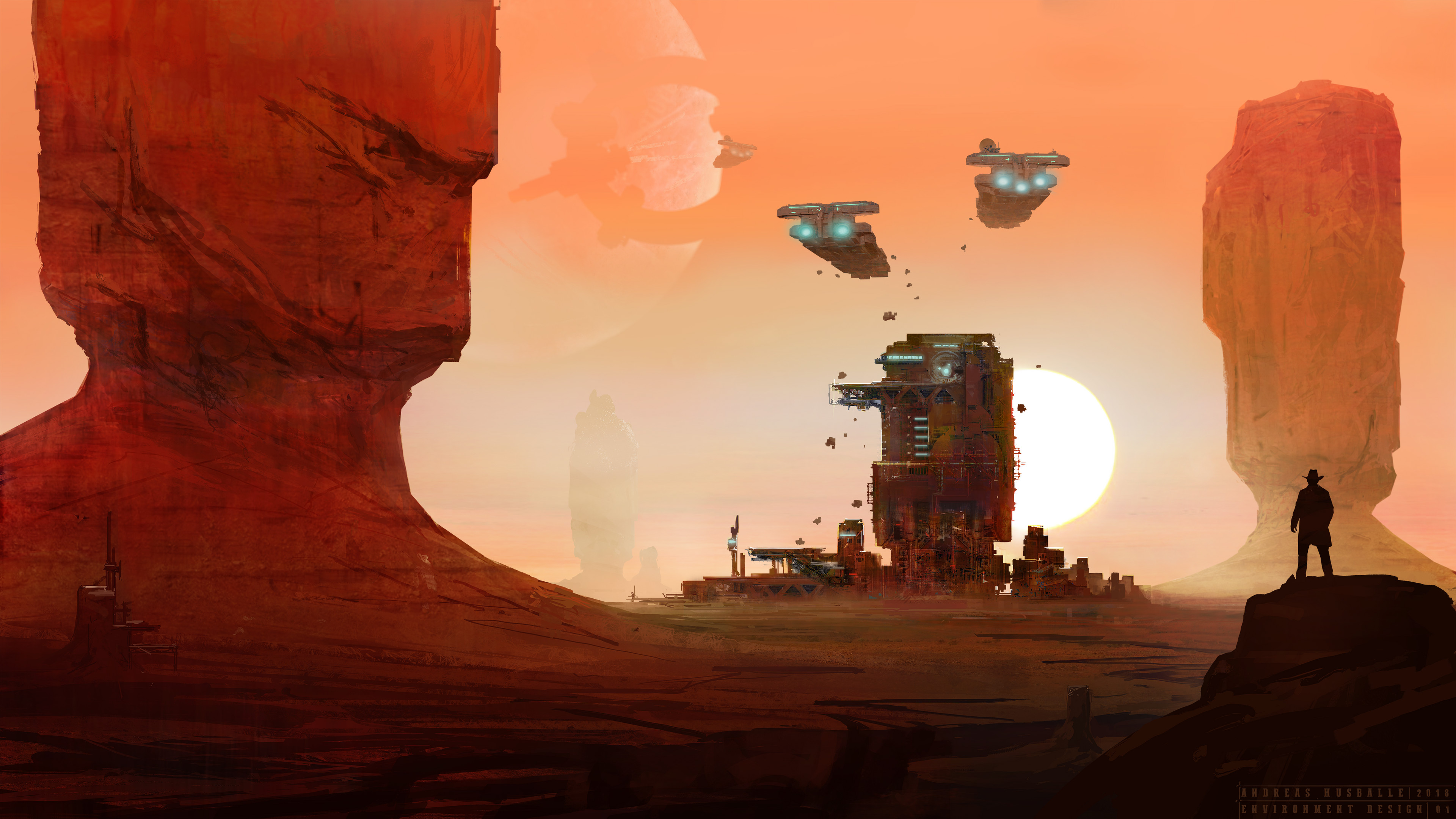 Digital Digital Art Artwork Render Futuristic Science Fiction Western Landscape Sunset Sun Spaceship 3840x2160