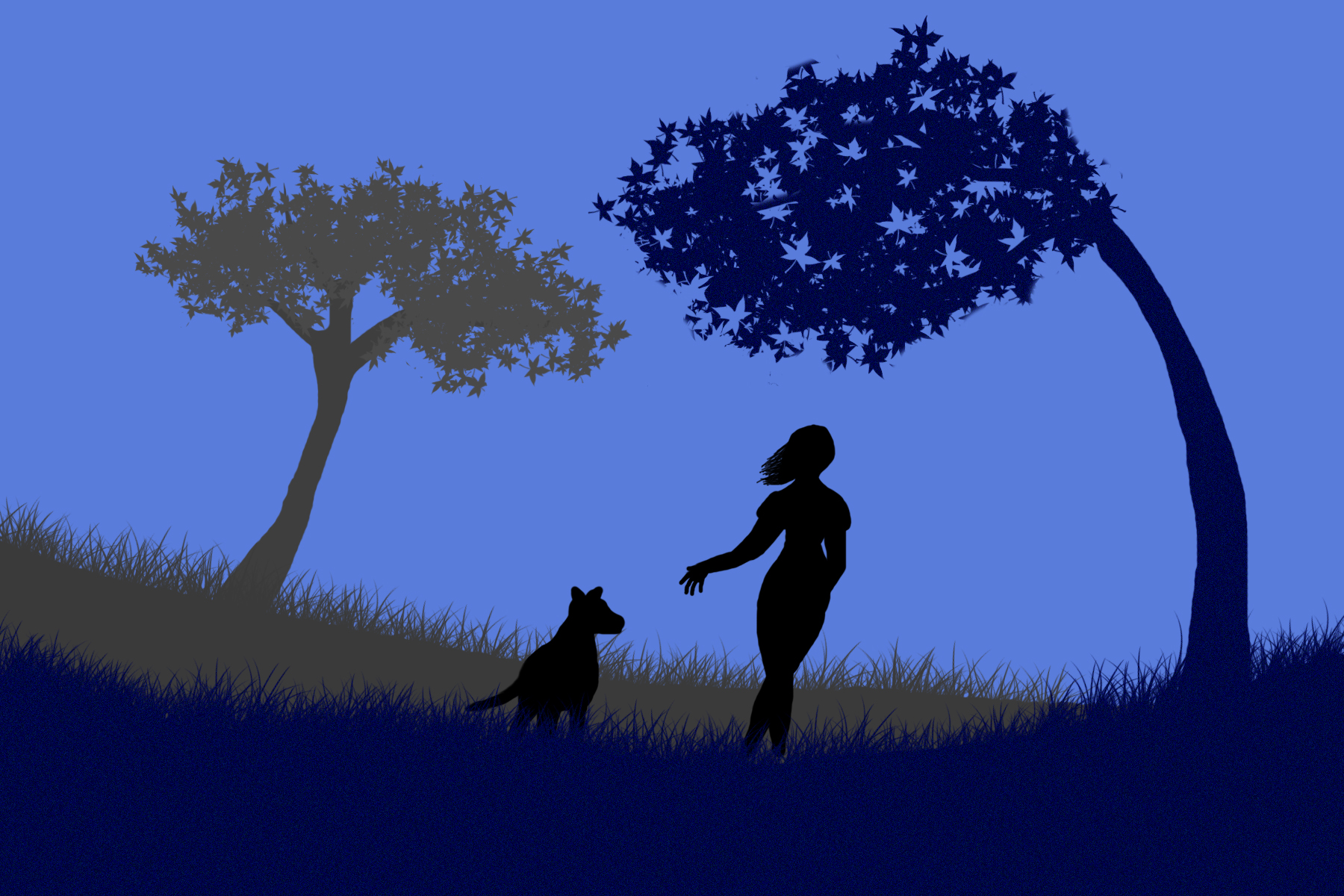Women Dog Sky Animals Trees Grass Silhouette Wind Digital Art Simple Background 1800x1200