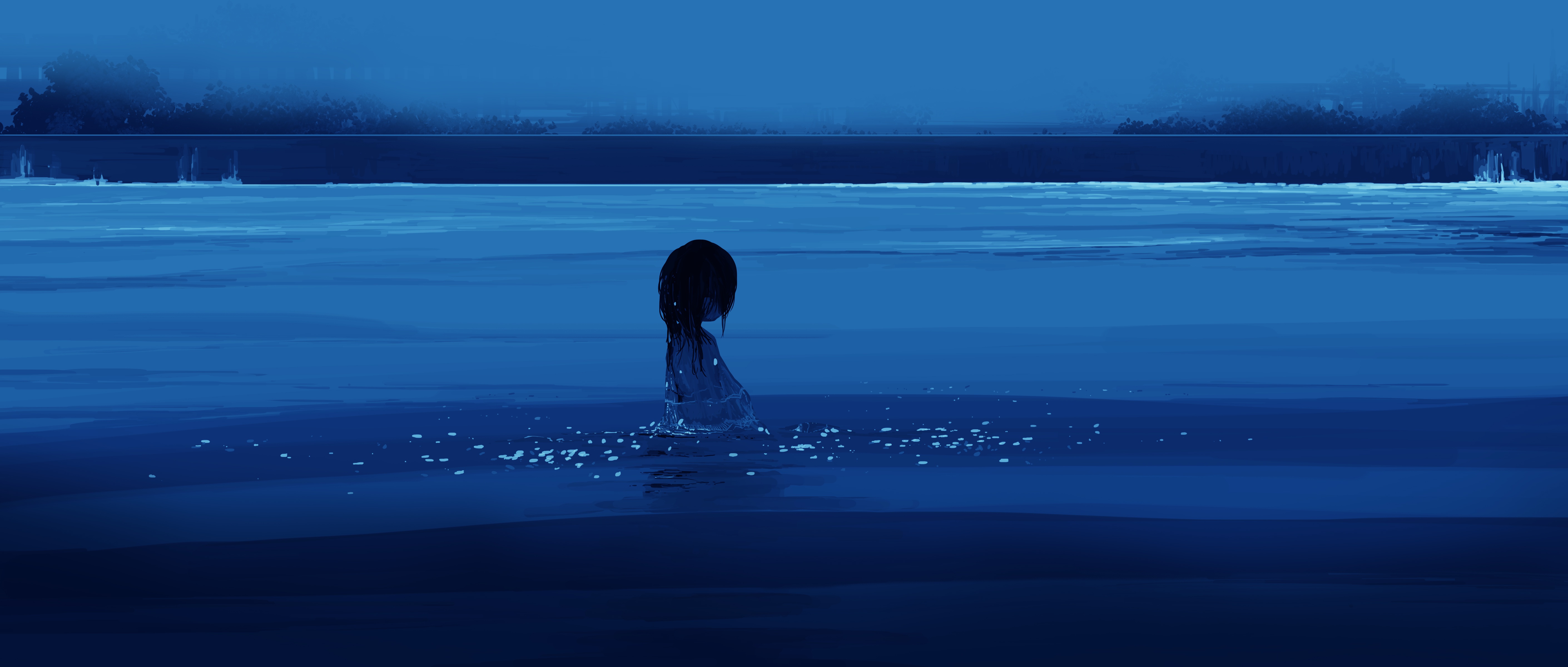 Anime Girls Sea Water Swimming In Water Minimalism Simple Background Short Hair Gracile 5640x2400