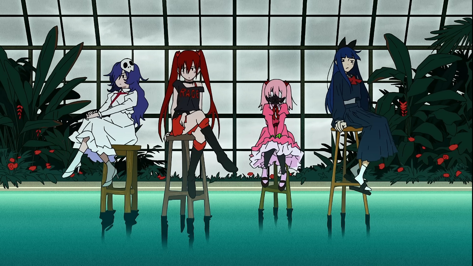 Anime Girls Blue Hair Magical Girls Redhead Schoolgirl Gas Masks Water Chair Sitting Twintails Leave 1919x1080
