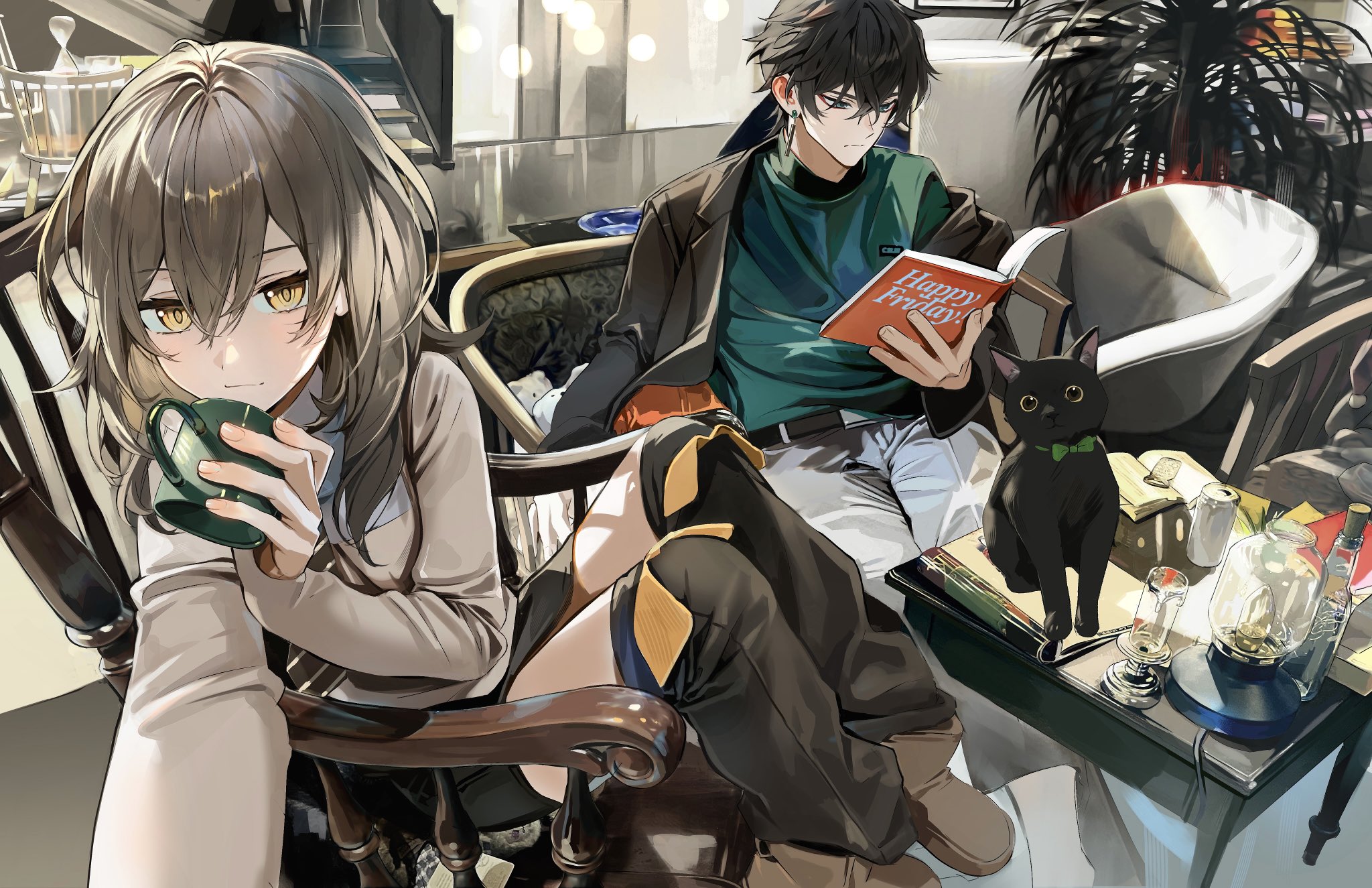 Starrail Anime Girls Anime Boys Black Cat Looking At Viewer Bow Tie Sitting Chair Animals Cats 2048x1325
