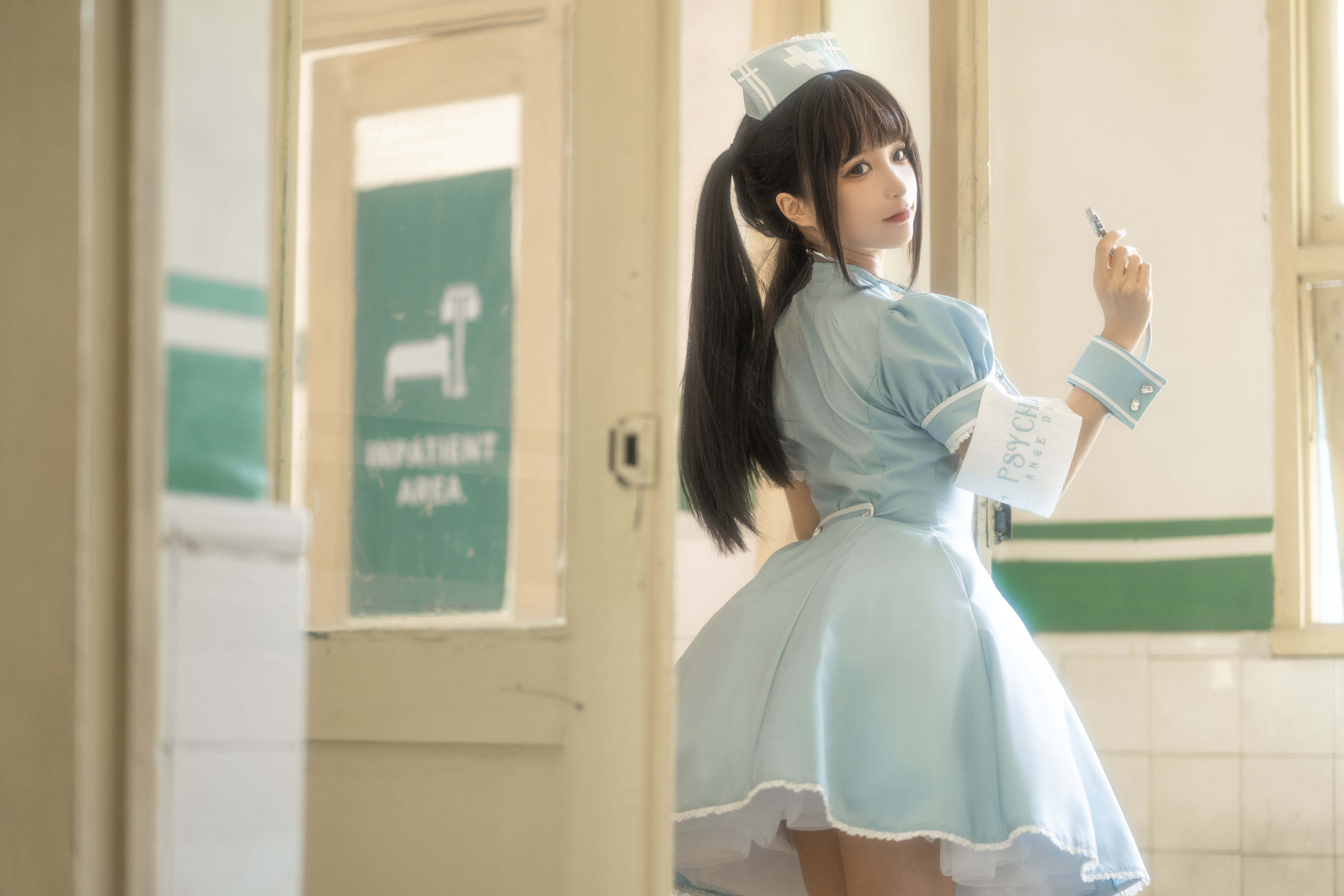 Women Model Asian Cosplay Nurses Nurse Outfit Hospital Indoors Women Indoors Twintails Dress 5641x3761
