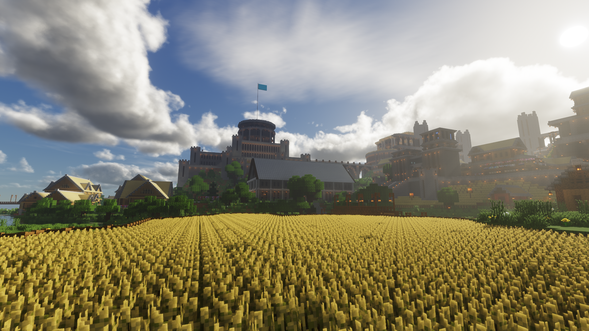 Building Minecraft Video Games CGi Clouds Village Castle Flag Field Sky 1920x1080