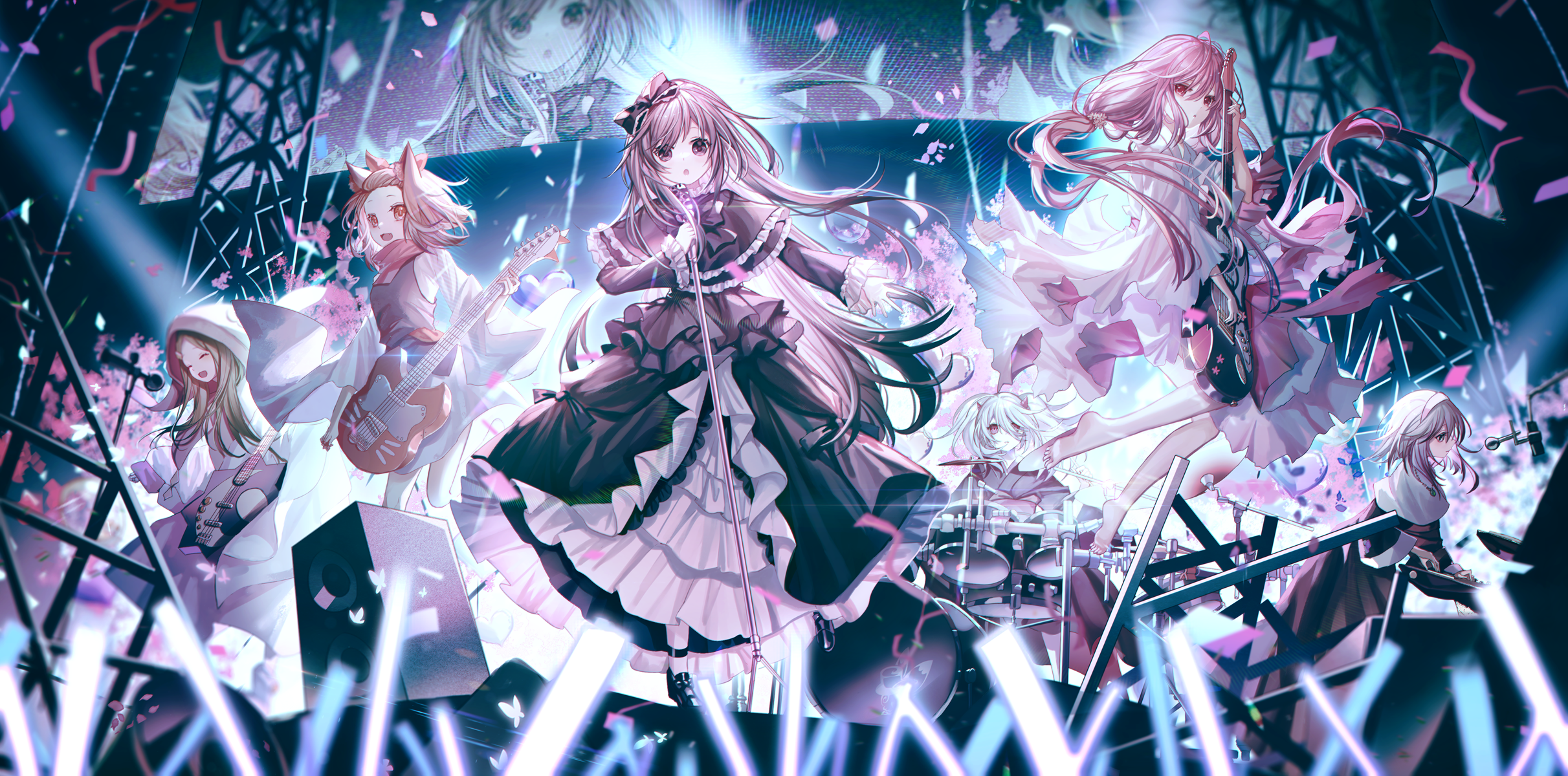 Anime Anime Girls Standing Dress Yu Gi Oh Microphone Musical Instrument Stages Stage Light Confetti  2423x1200