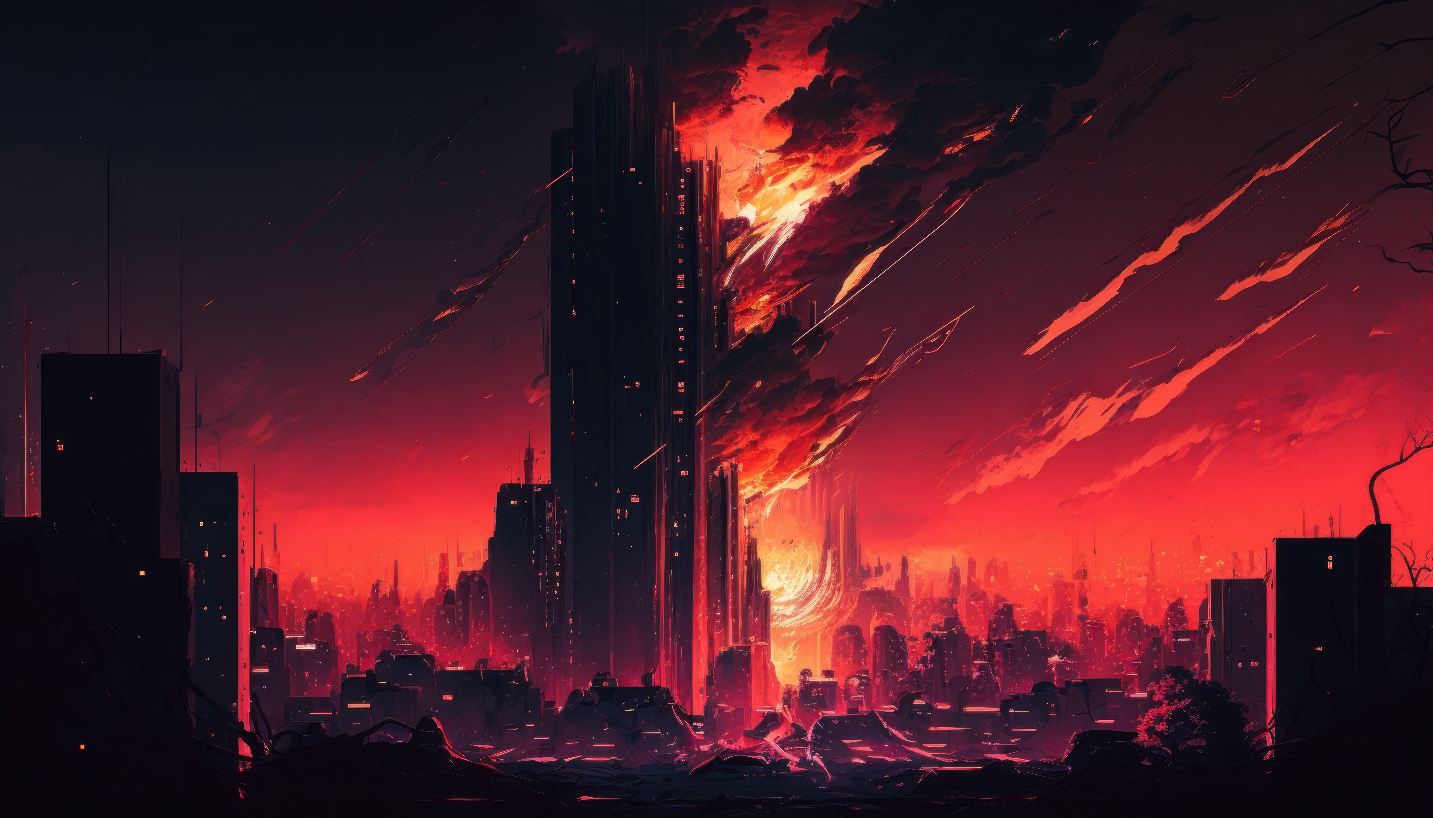 Ai Art Illustration Burning Fire Skyscraper Red City 4579x2616