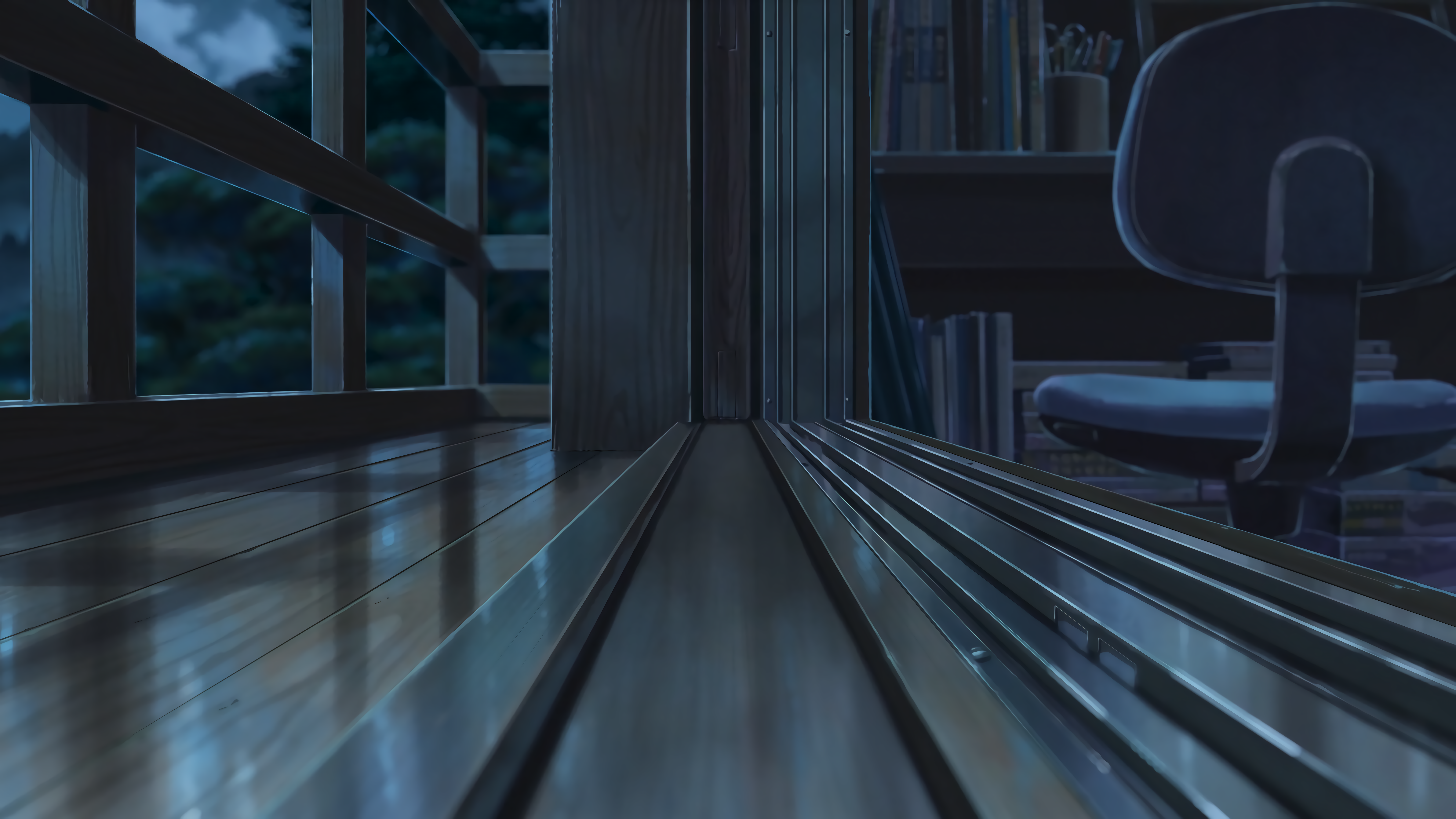 Dark Background Doorways Night Line Art Desk Balcony Anime Wood Swivel Chair Bookcase 7680x4320