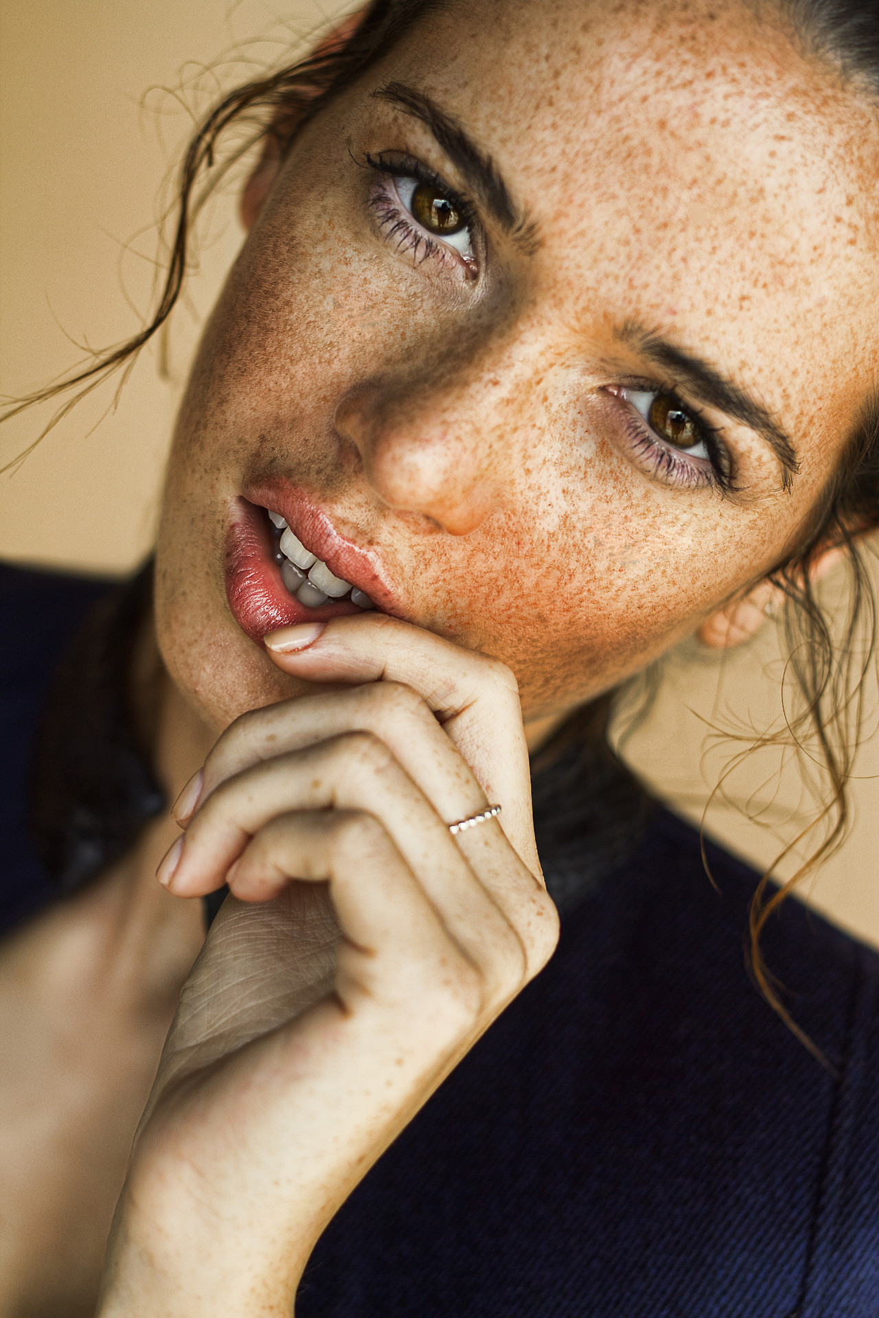 Women Brown Eyes Finger On Lips Freckles Face 1280x1920