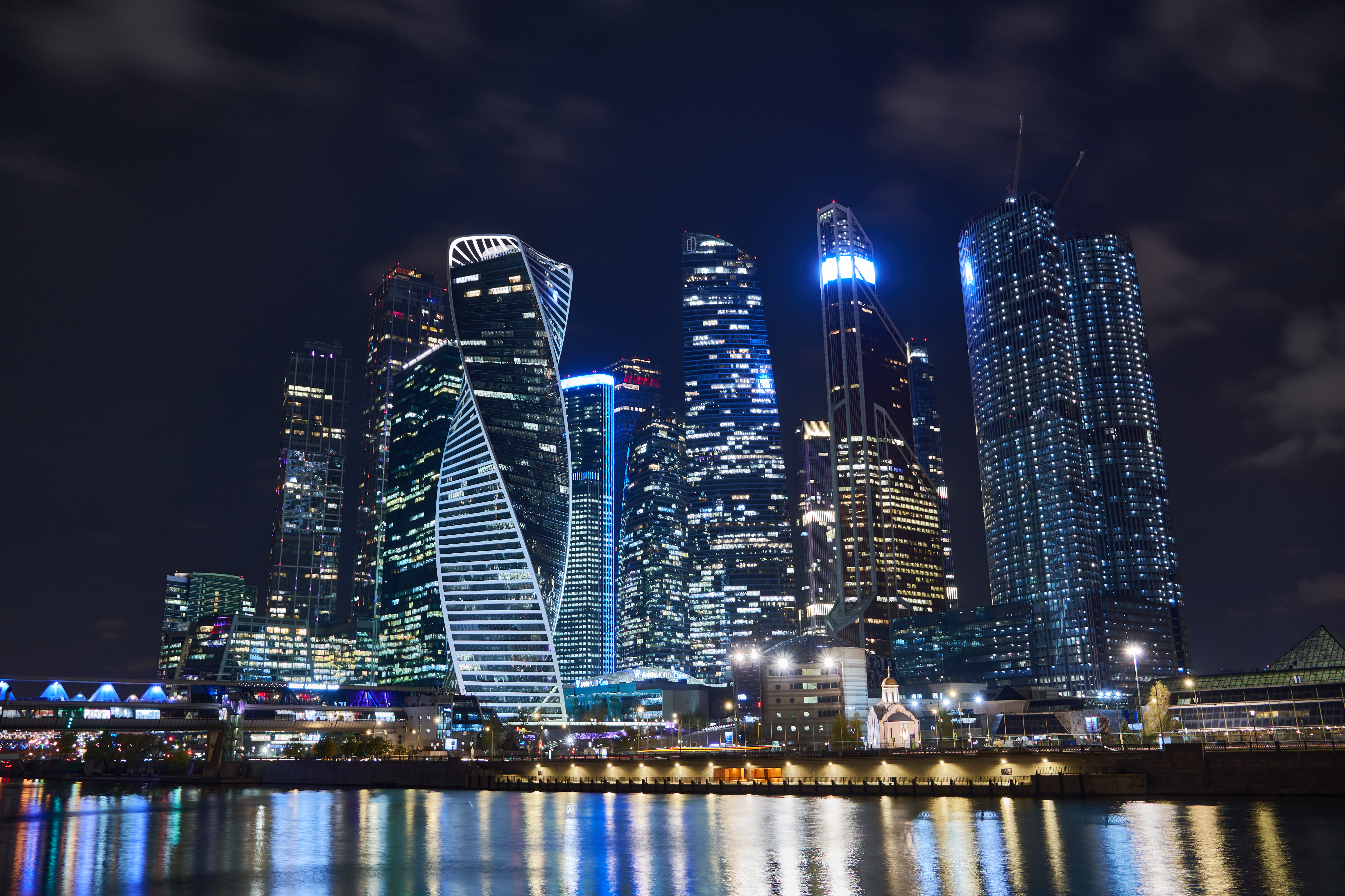 Moscow Building Architecture Modern Lights Russia Night City City Lights Water Sky Clouds Photograph 5974x3983