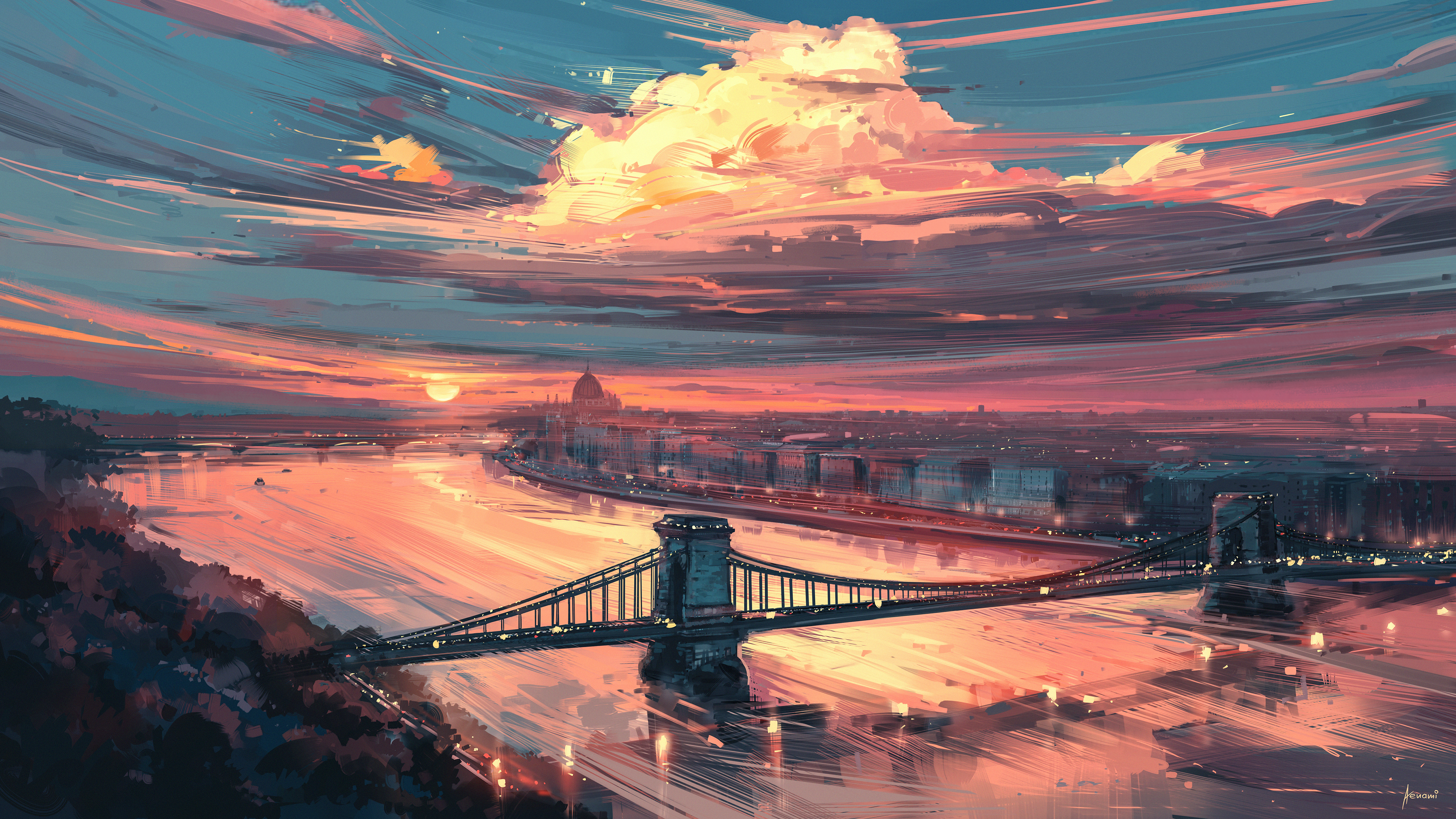 Aenami Digital Art Artwork Illustration Cityscape City Sunset River Clouds Bridge Architecture Build 3840x2160