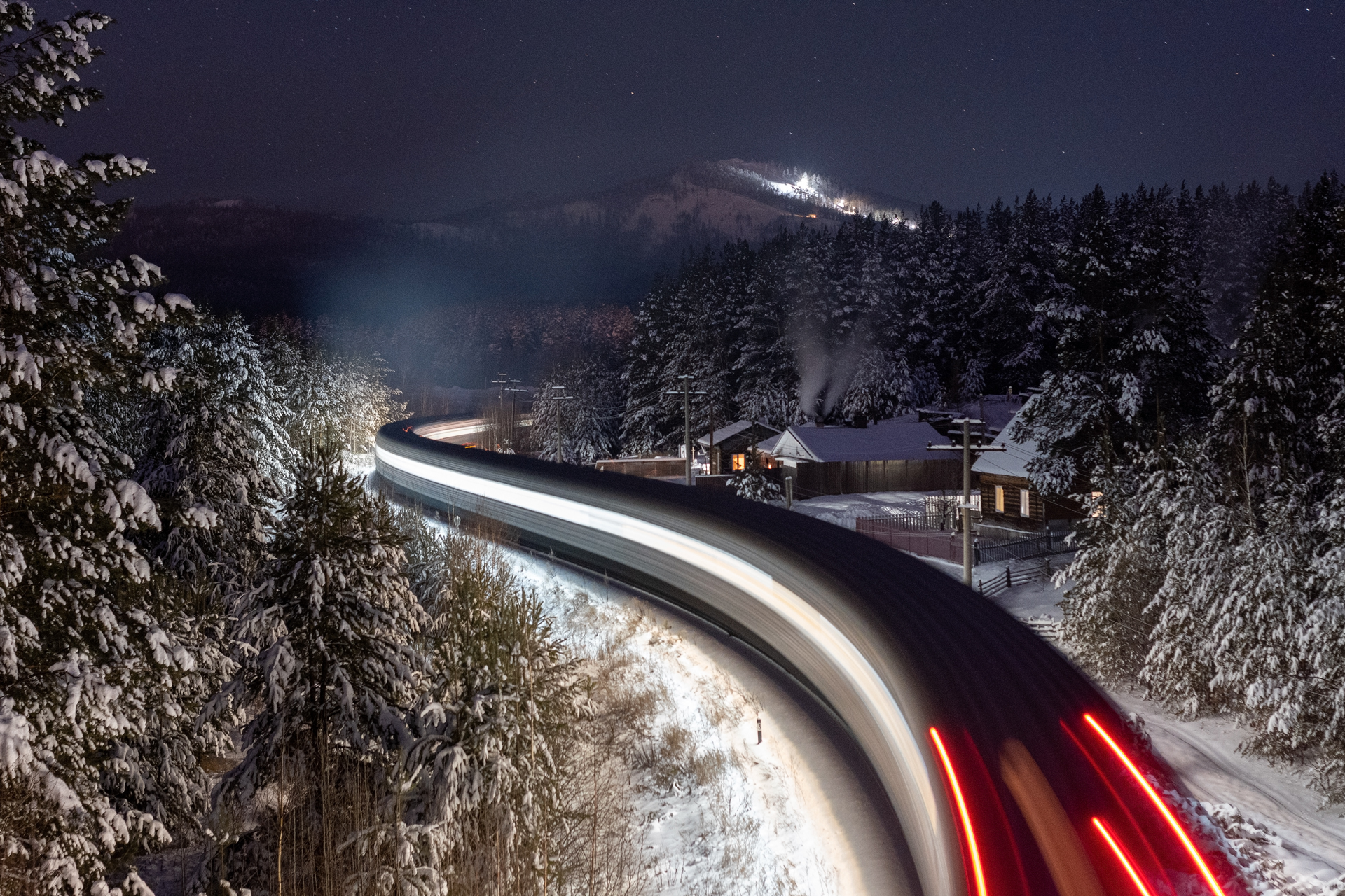 Nature Landscape Winter Snow Road Long Exposure Motion Blur Night Forest Trees House Cabin Stars Mou 1920x1280