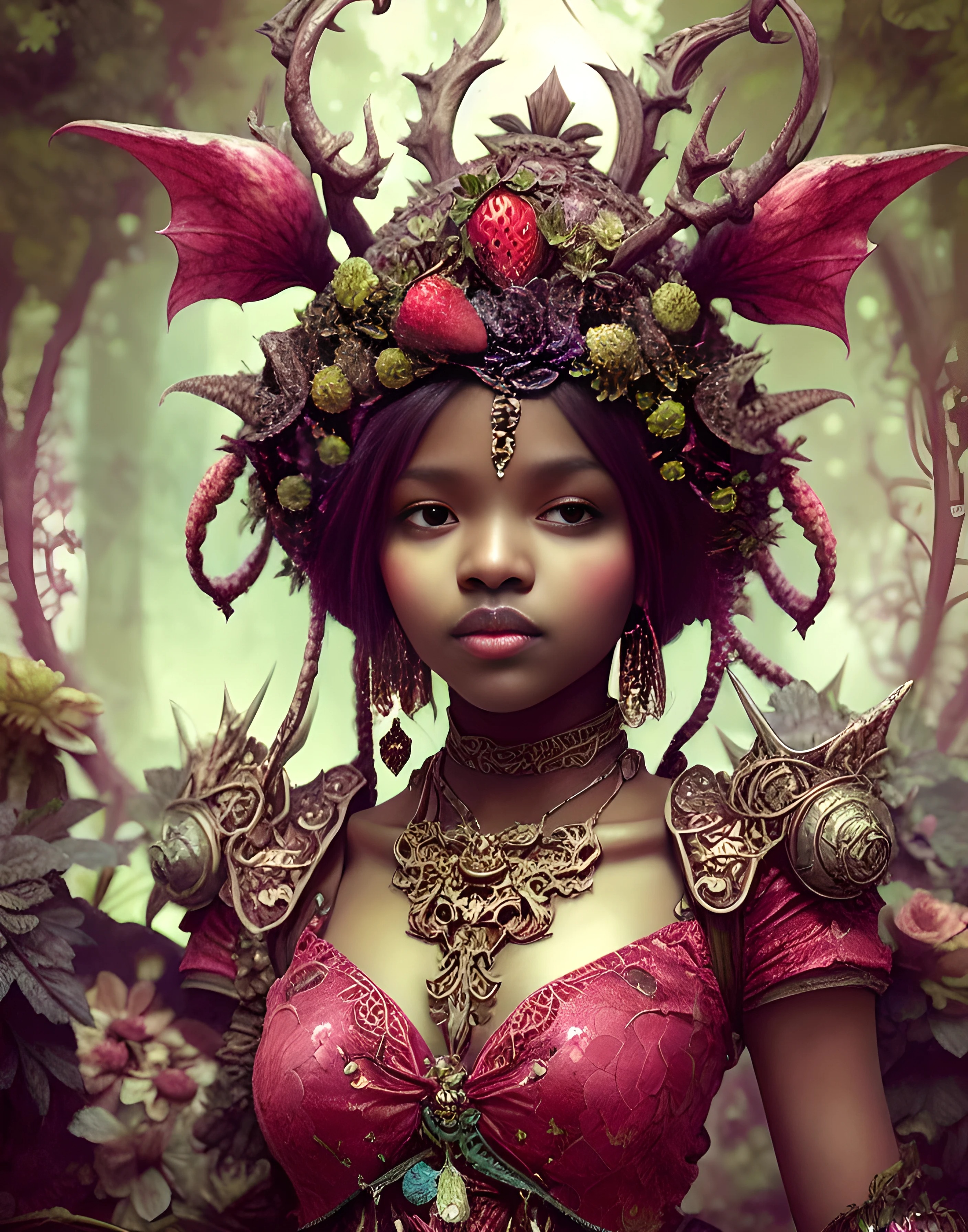 Strawberries Fantasy Princess Dark Skin Ai Art Vertical Women Fruit 2816x3584