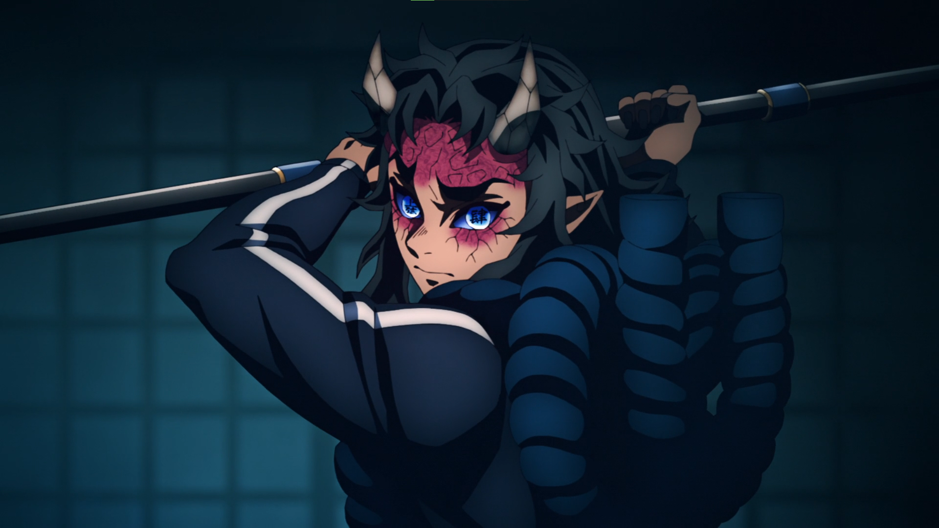 Kimetsu No Yaiba Glowing Eyes Demon Demon Face Anime Anime Screenshot Anime Boys Blue Eyes Staff Hor 1920x1080
