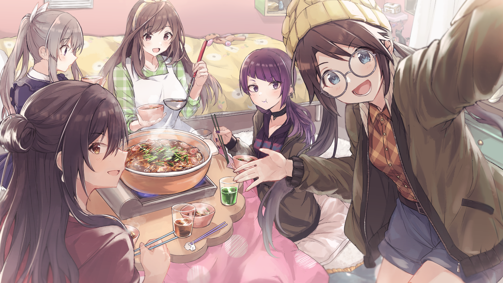 Anime Anime Girls Digital Art Artwork 2D Looking At Viewer Anime Food Glasses Food Drink Chopsticks  1920x1080