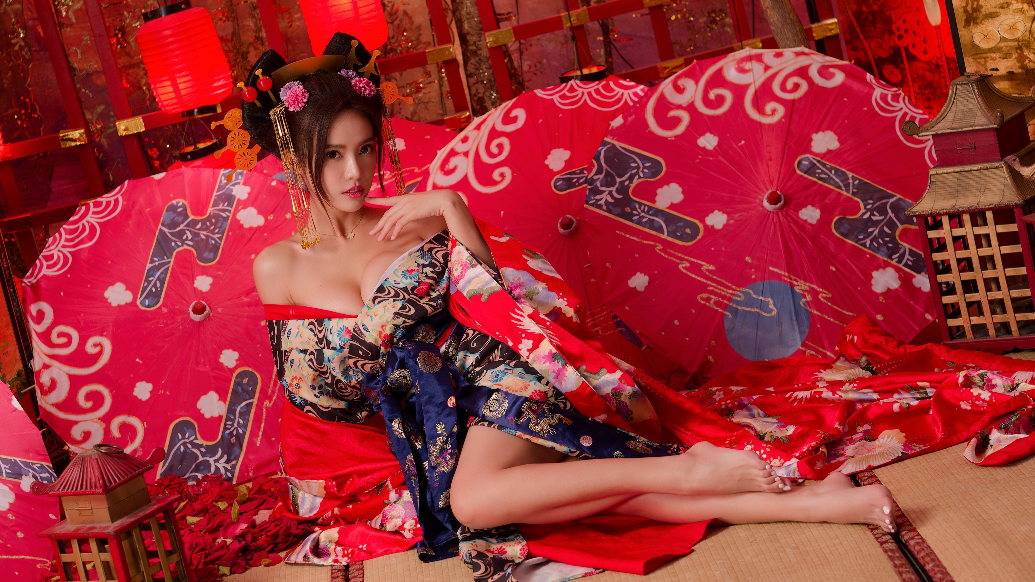 Yen Hsun Shih Women Asian Hair Accessories Dress Barefoot Colorful Brunette 3413x1920