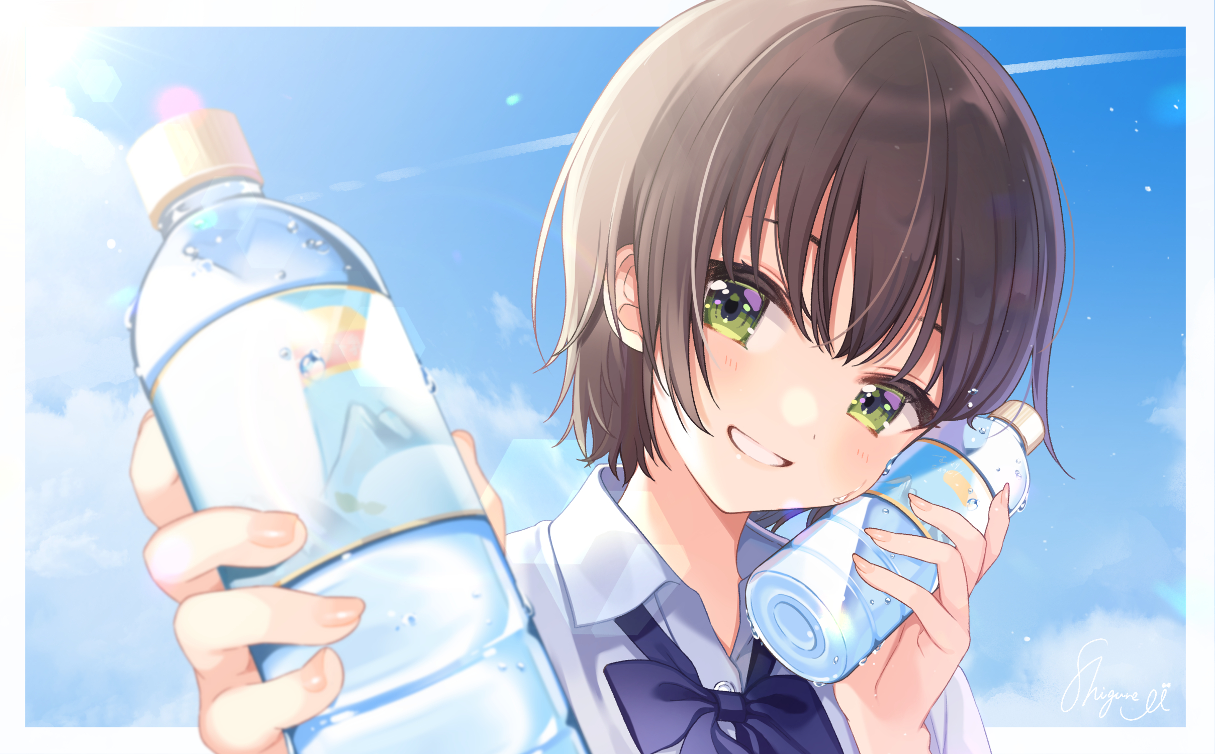 Anime Anime Girls Water Bottle Water Smiling Schoolgirl School Uniform Brunette Green Eyes 2417x1500