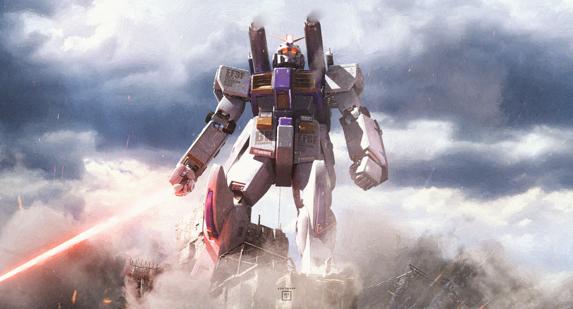 Digital Digital Art Artwork Illustration Robot Gundam Clouds Giant Concept Art Fan Art Laser Swords  1920x1037