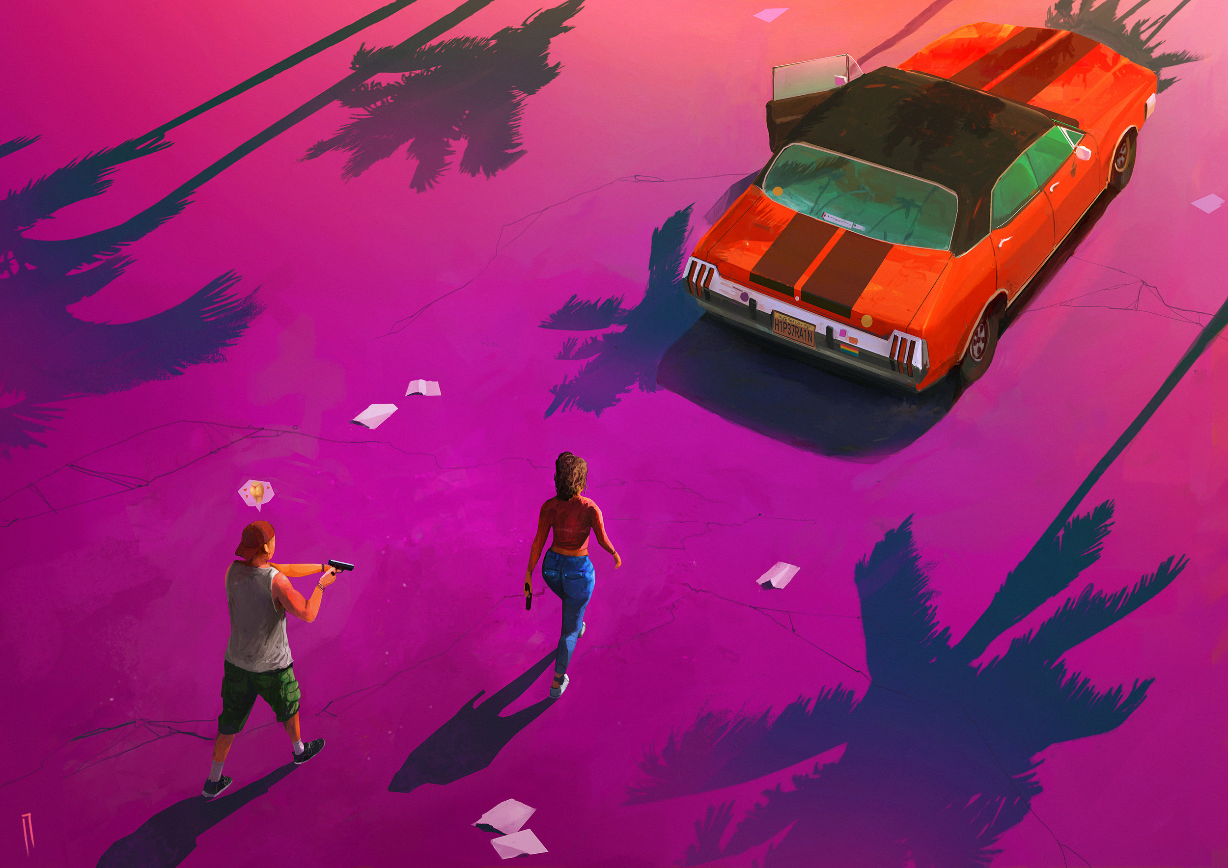 Ismail Inceoglu Digital Art Artwork Illustration Fan Art Grand Theft Auto Vi Pink Car Couple Women M 2500x1768