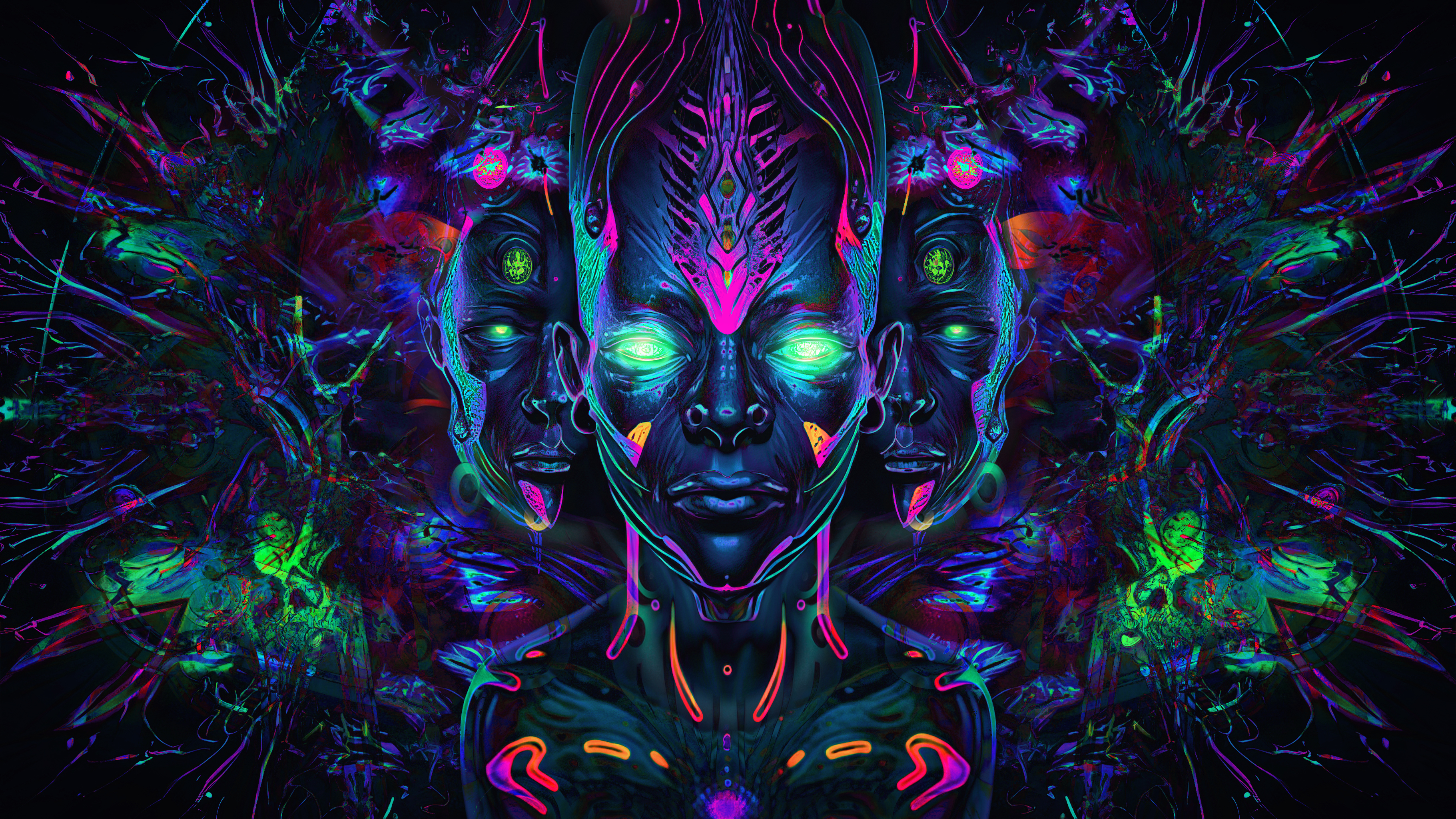 Crystal Head Aliens Trippy Psychedelic Colorful Glowing Eyes Looking At Viewer Digital Art 3642x2048