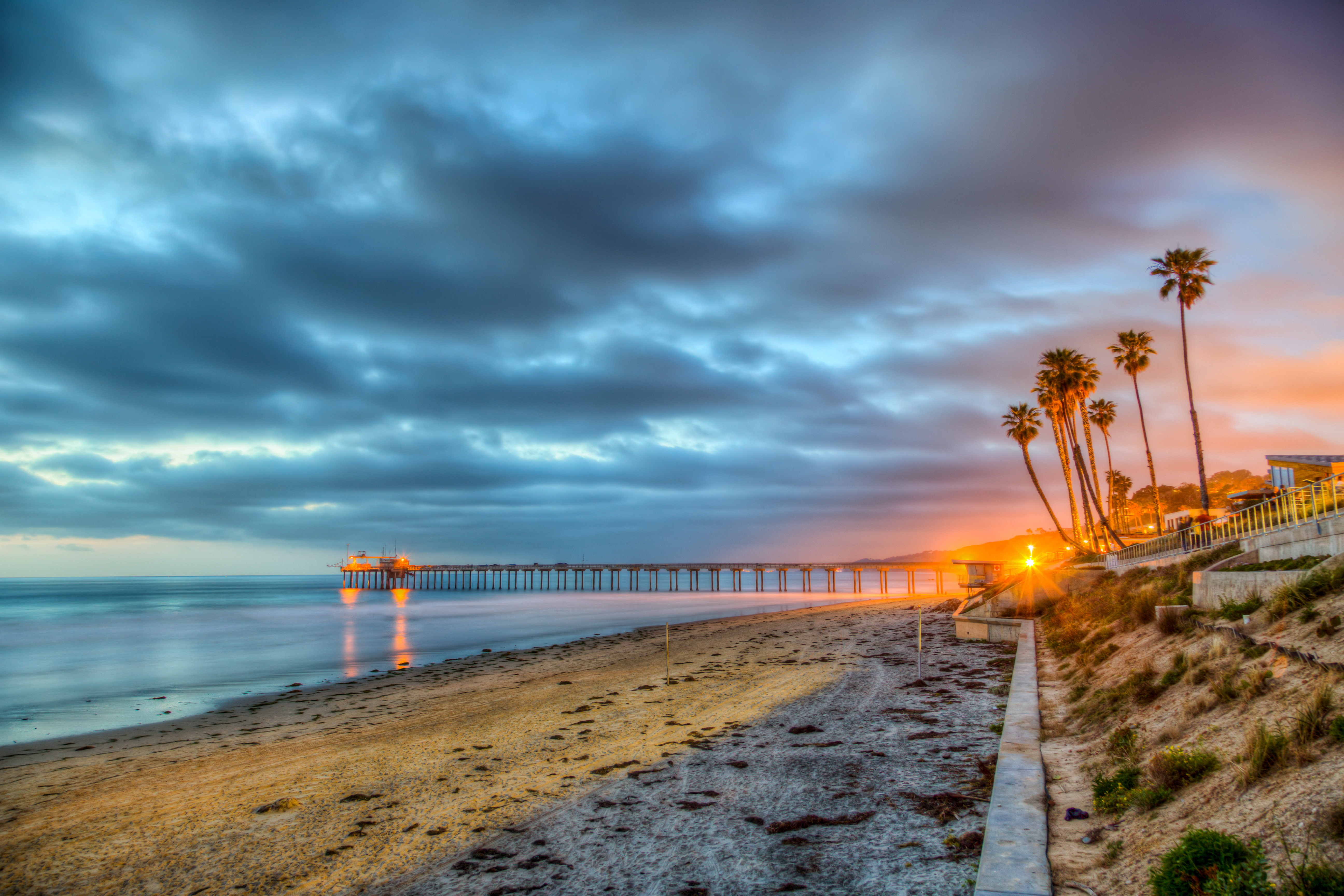 Sunset Pier Palm Tree Beach Cloud Dusk 5184x3457