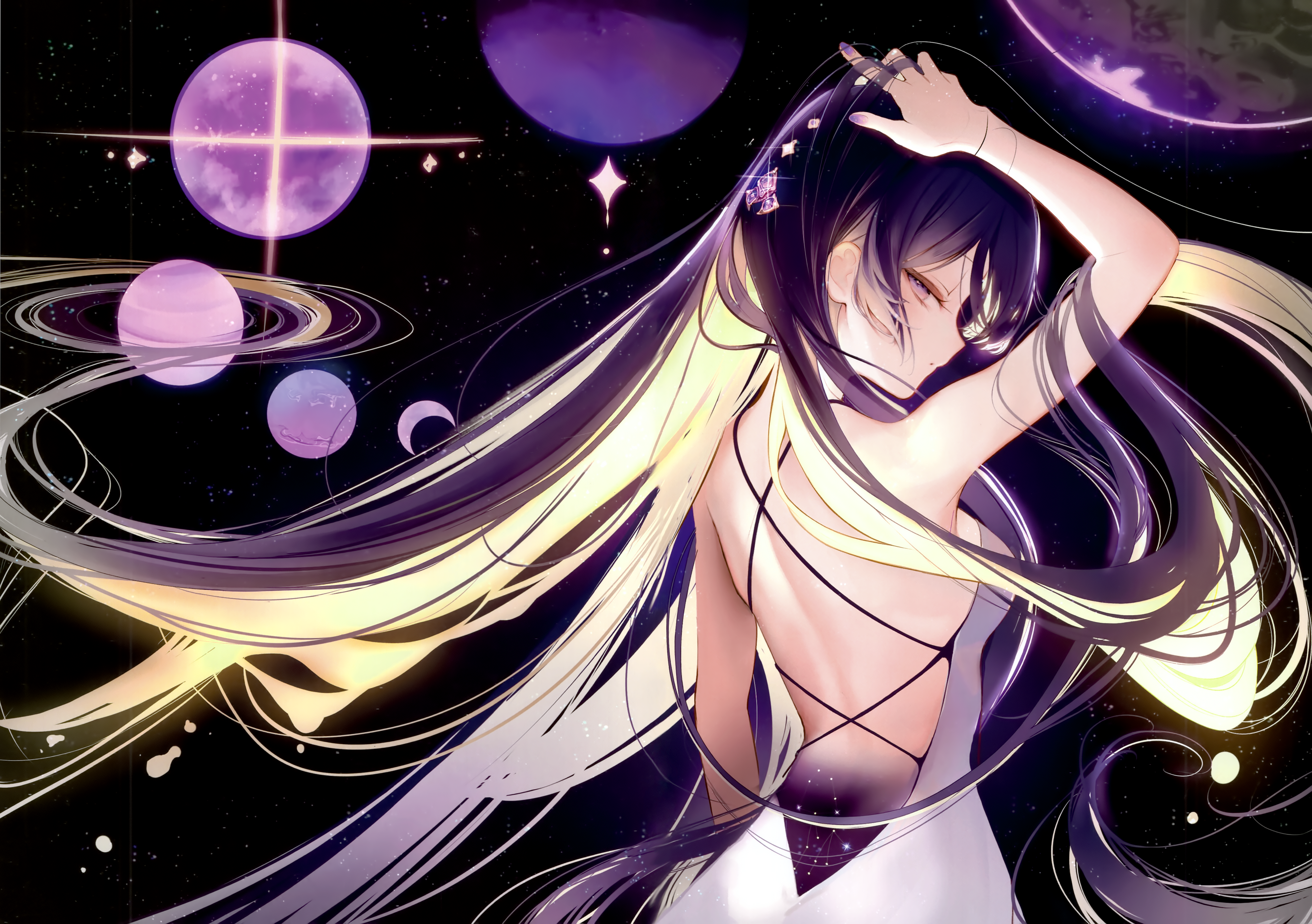 Anime Girls Anime Long Hair Looking At Viewer Purple Eyes Two Tone Hair Space Planet Back Closed Mou 4227x2978