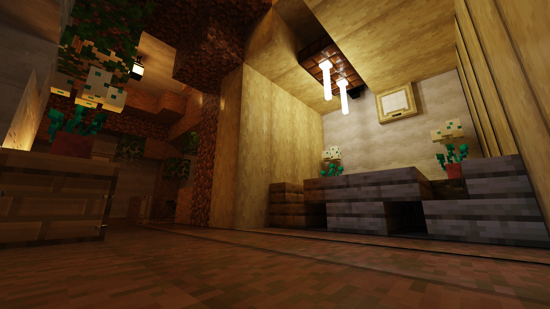 Minecraft CGi Ray Tracing Low Angle Interior Video Games Video Game Art 1920x1080