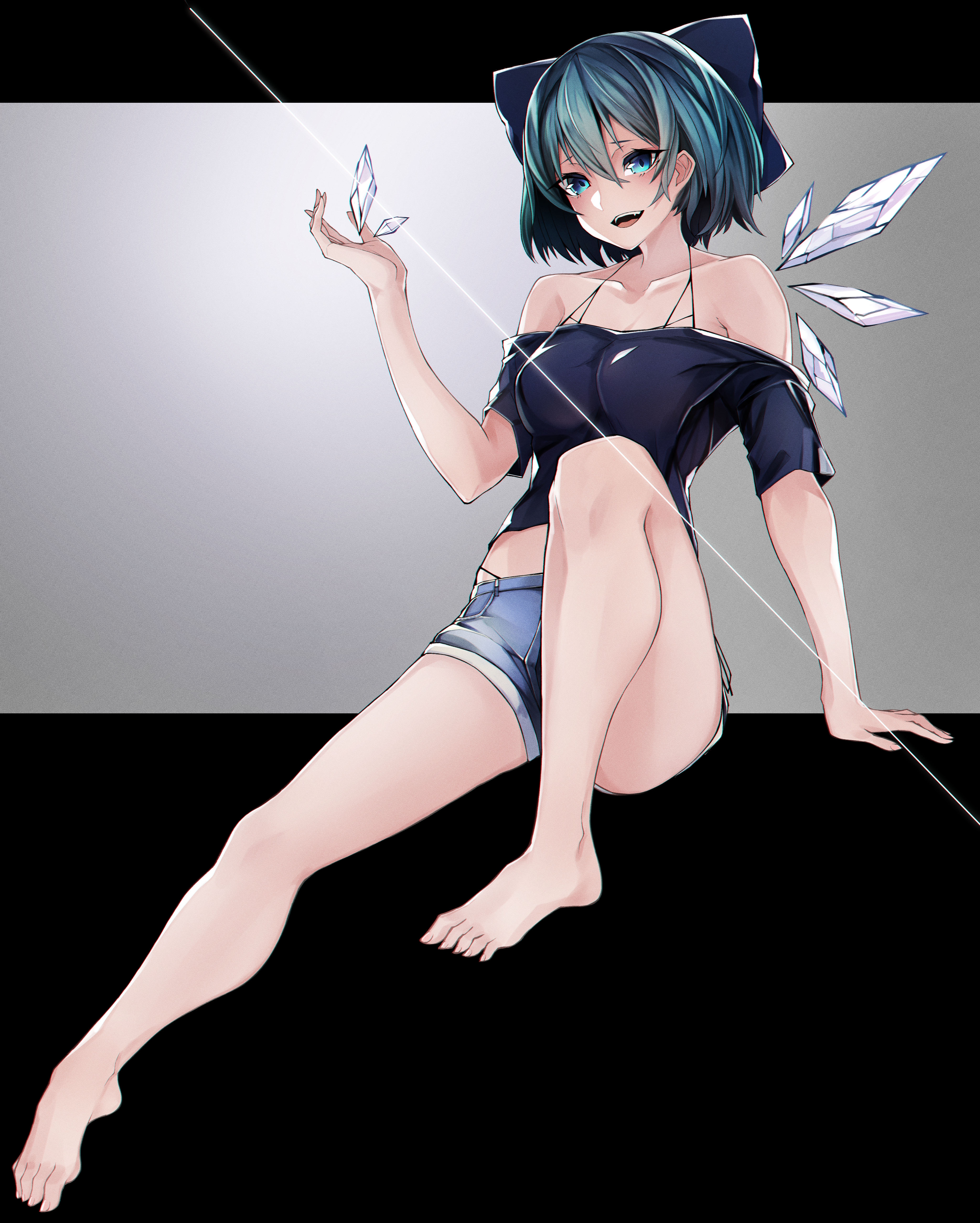 Touhou Cirno Anime Girls Blue Hair Blue Eyes Shorts 3737x4665