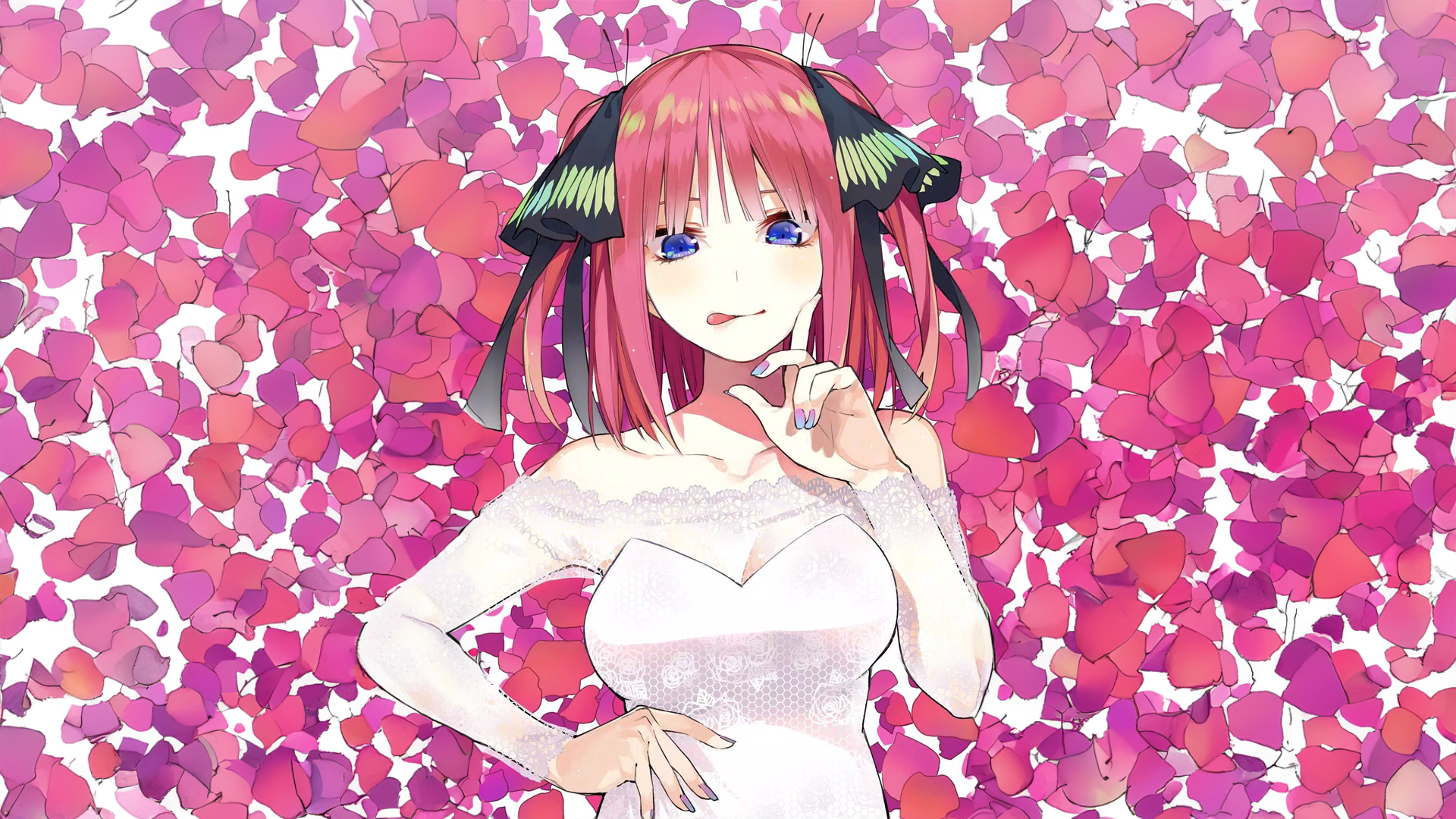 Anime Girls Anime Nakano Nino 5 Toubun No Hanayome Wedding Dress Tongue Out Looking At Viewer Petals 1920x1080