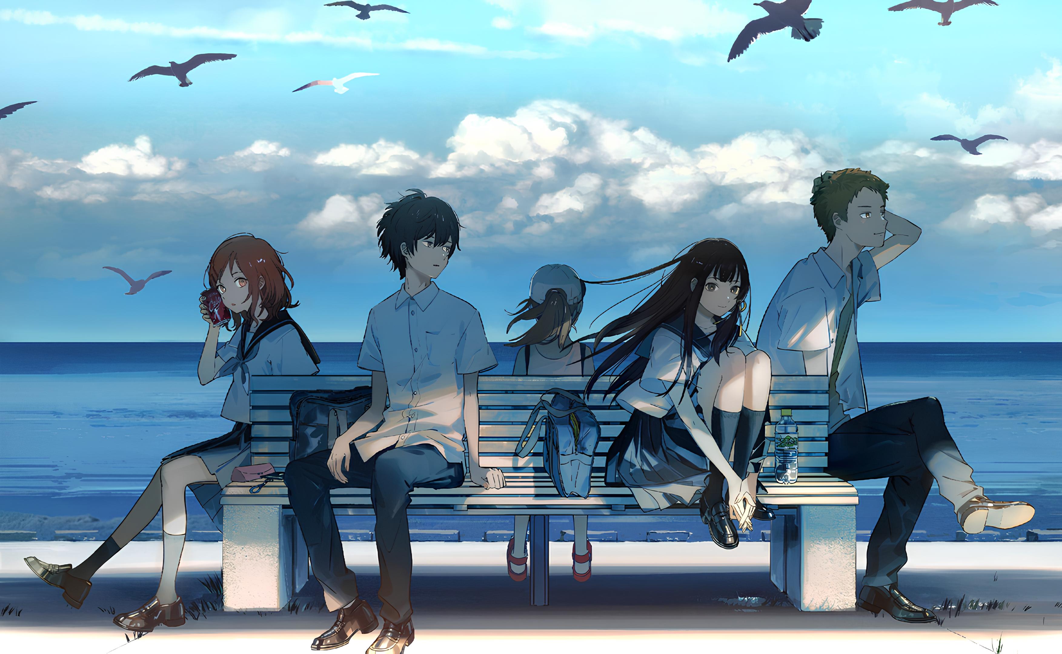 The Tunnel To Summer The Exit Of Goodbye Dark Hair People Sea Bench Water Anime Boys Anime Girls Sky 3506x2160