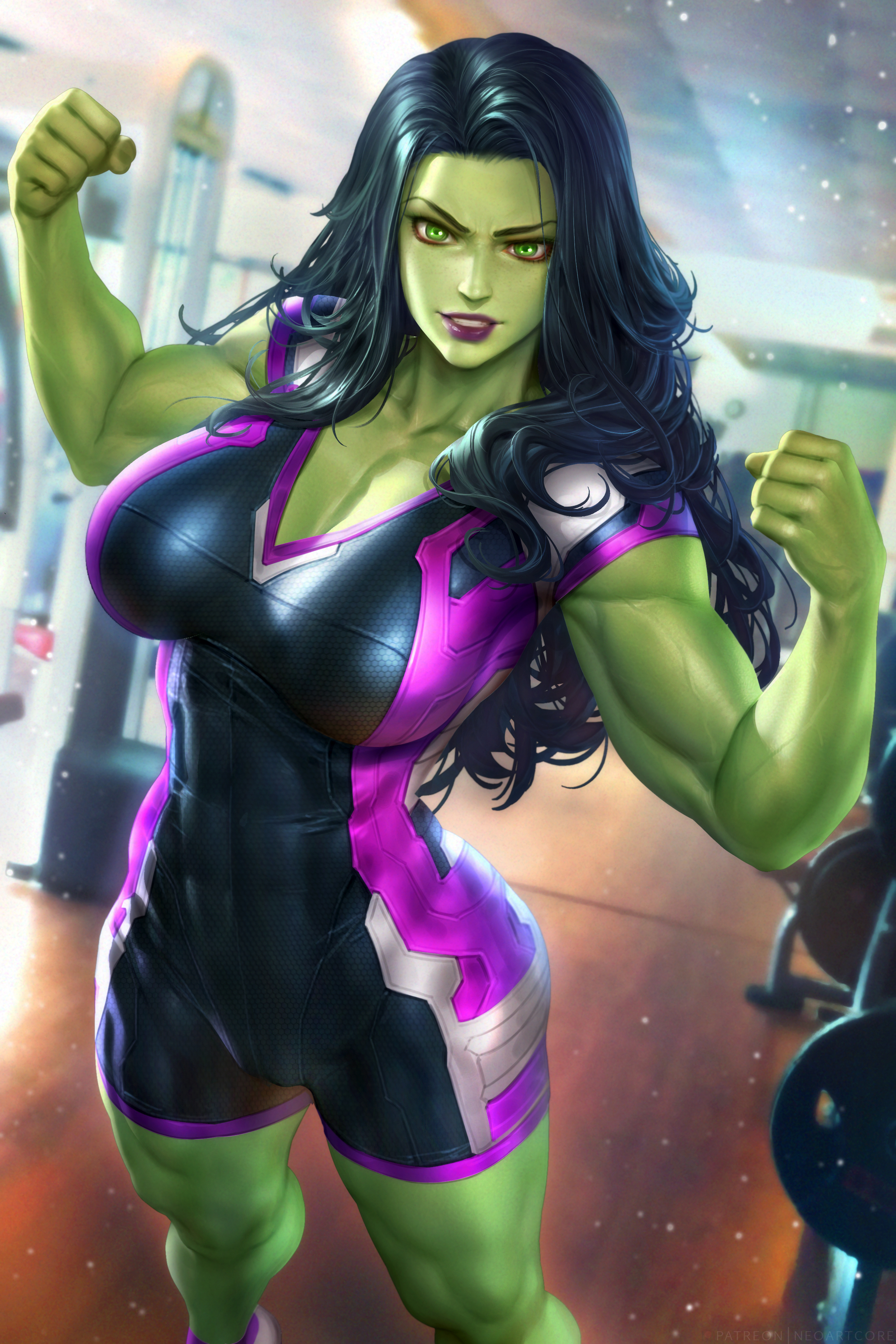 She Hulk Marvel Comics 2D Artwork Drawing Fan Art NeoArtCorE Artist Green Eyes Skin Tight Long Hair  2400x3597