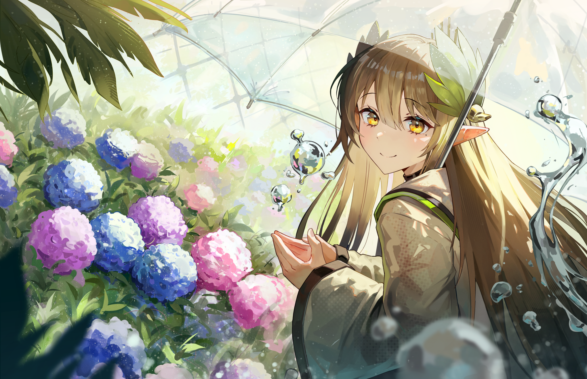 Anime Pixiv Anime Girls Smiling Pointy Ears Umbrella Looking At Viewer Flowers Brunette Brown Eyes W 2040x1320