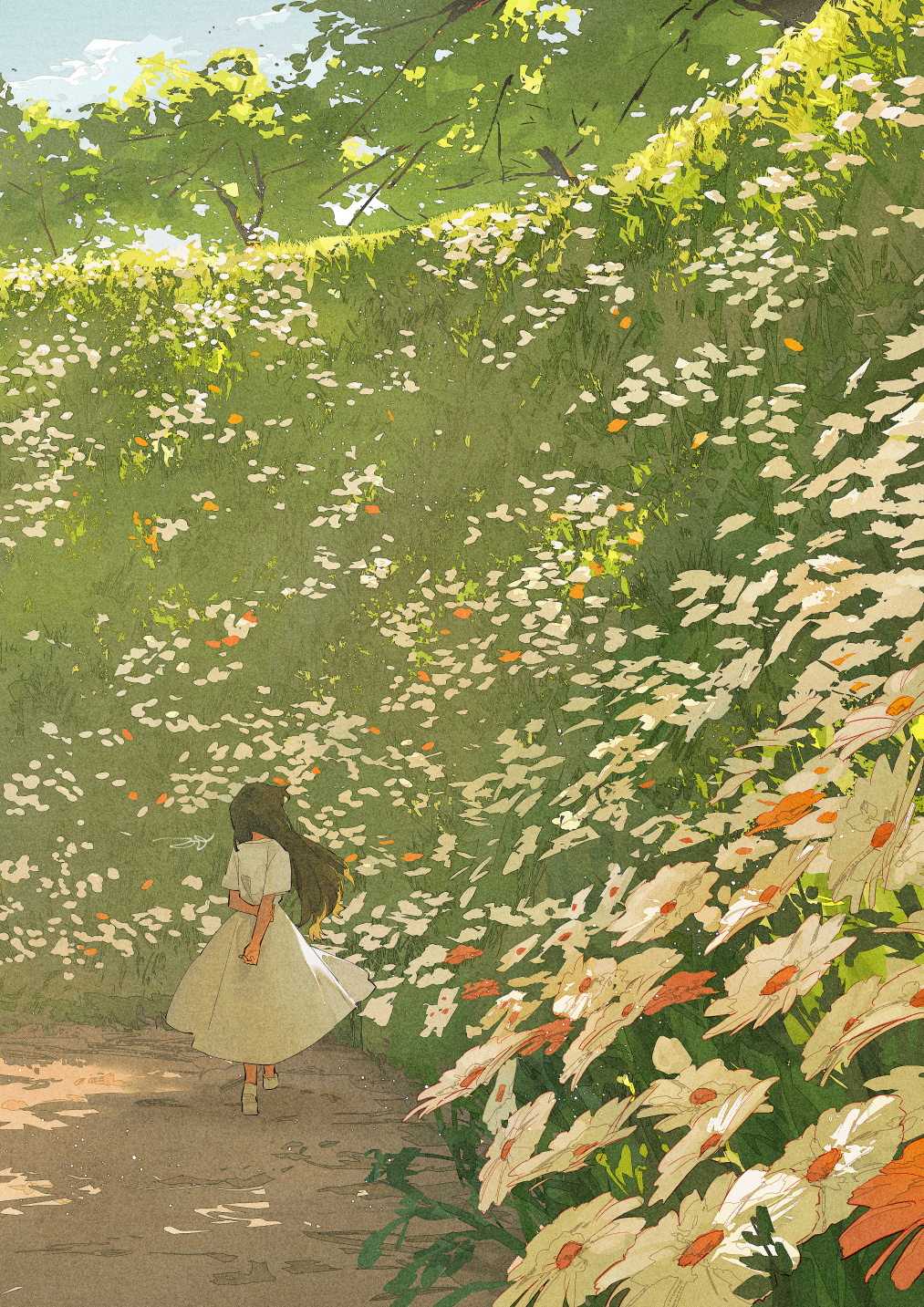 Potg Pixiv Anime Girls Portrait Display Flowers Standing Dress Long Hair Walking 1013x1433
