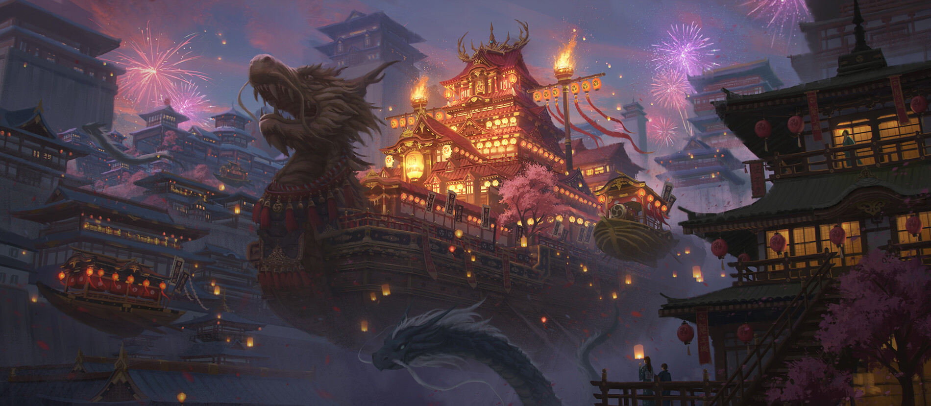 Shusei Sasaya Digital Art Fantasy Art Ship Fireworks Sky Clouds Lights Chinese Dragon Architecture C 1900x829