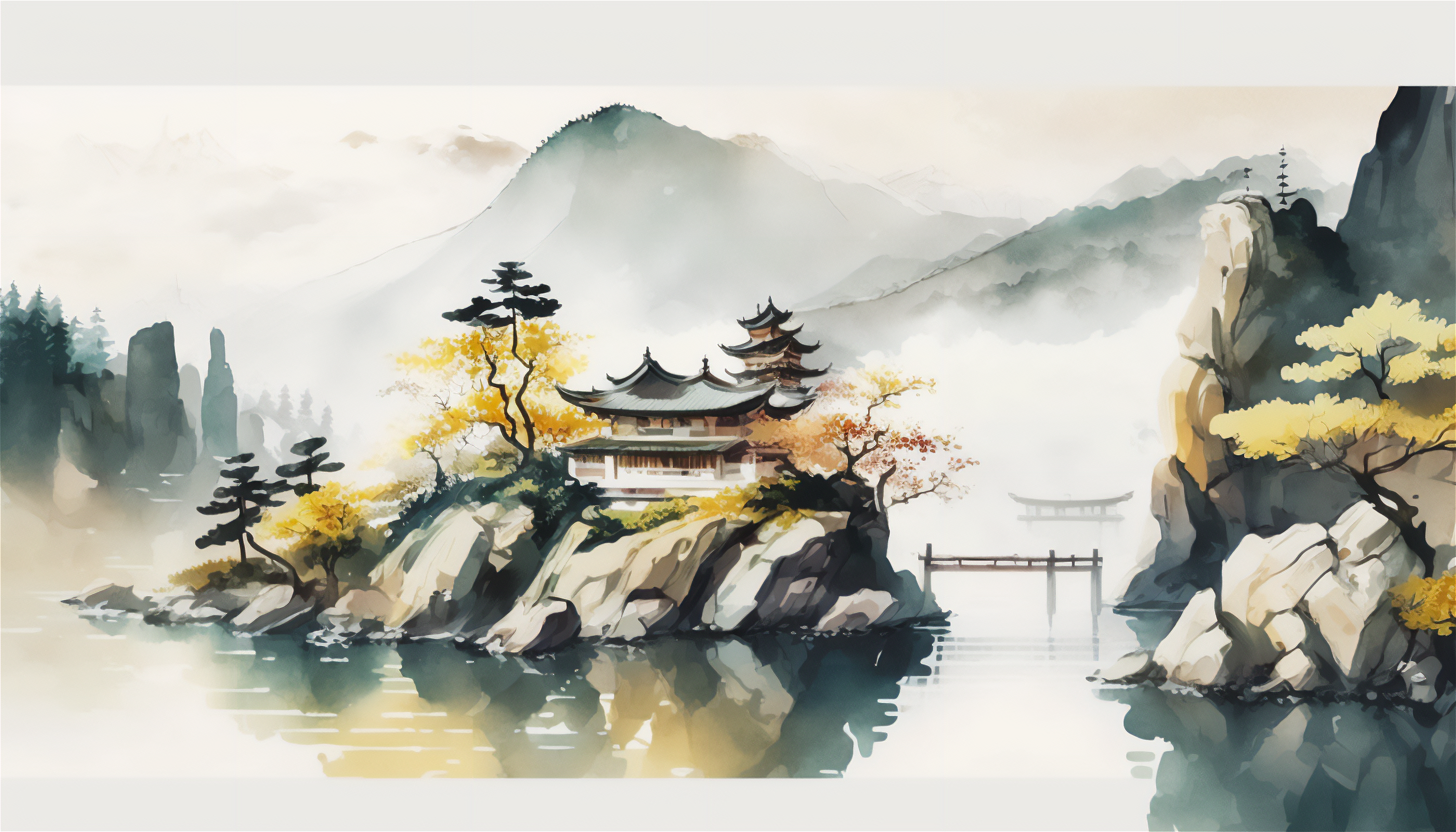 Ai Art Illustration Japan Watercolor Style China Water Torii 3136x1792