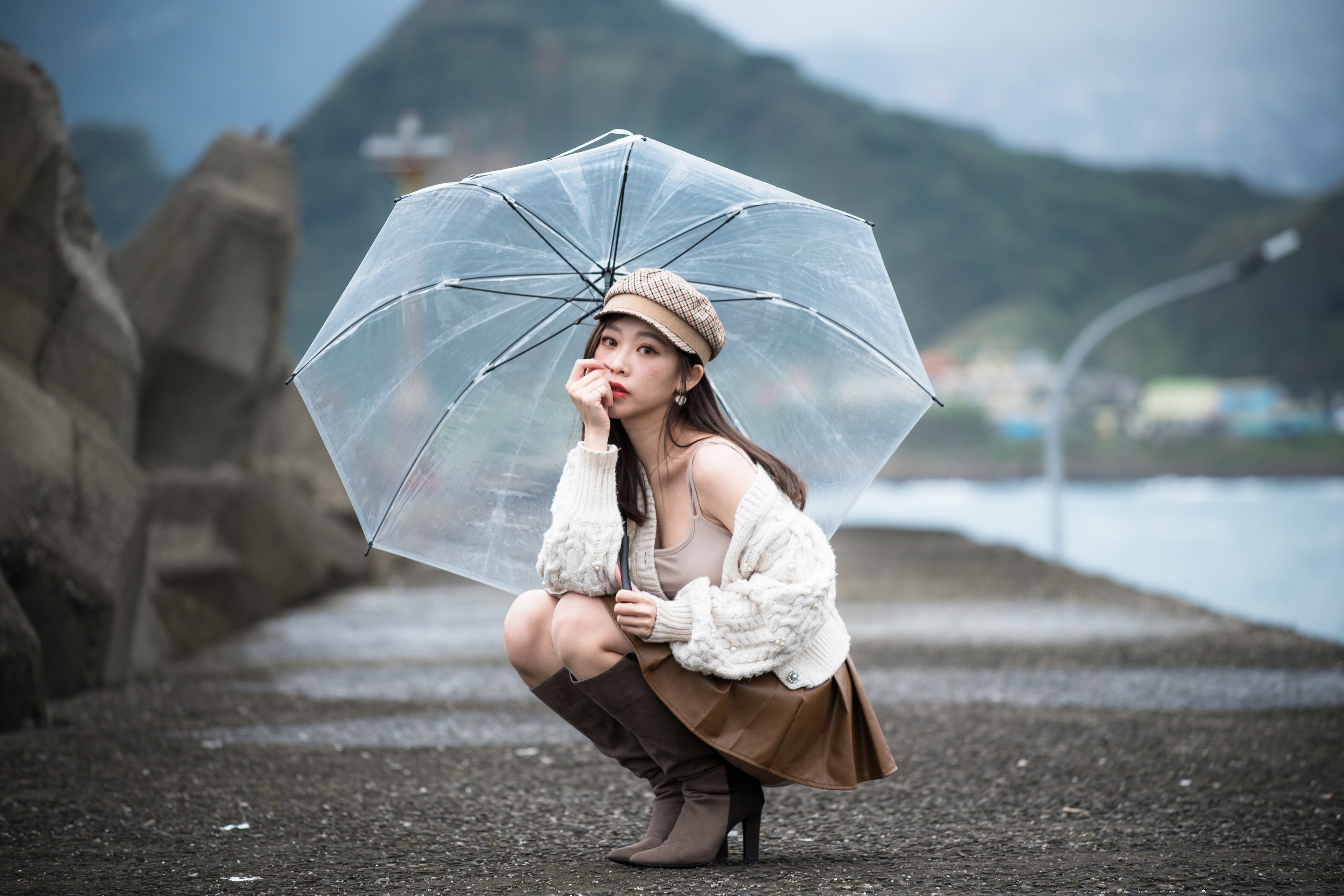 Asian Model Women Long Hair Dark Hair Hat Umbrella Skirt Depth Of Field Mountains Boots Wool Jacket  3840x2560