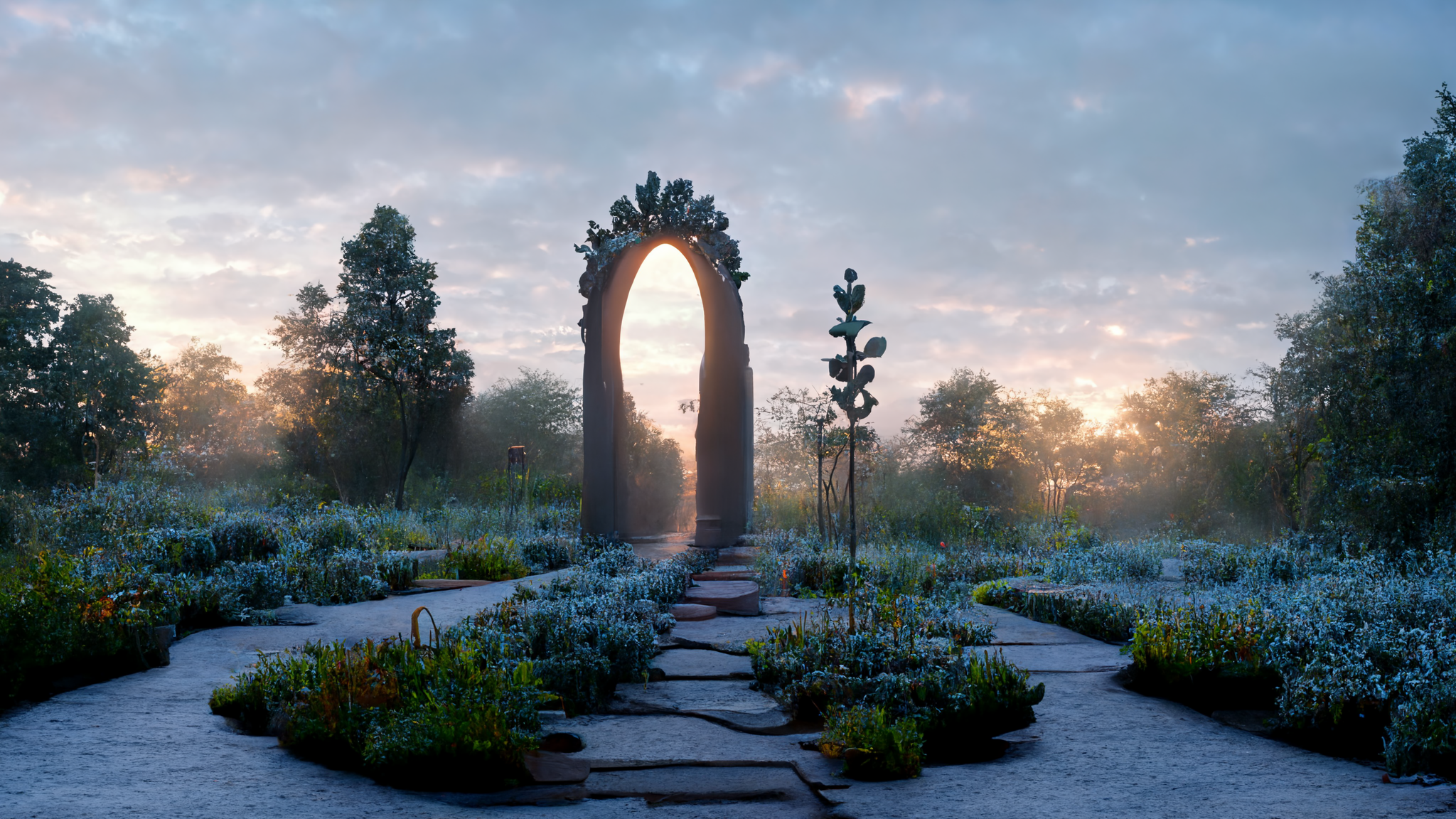 Gateway Arch Garden Dawn Trees Sky Nature Render Ai Art 2048x1152