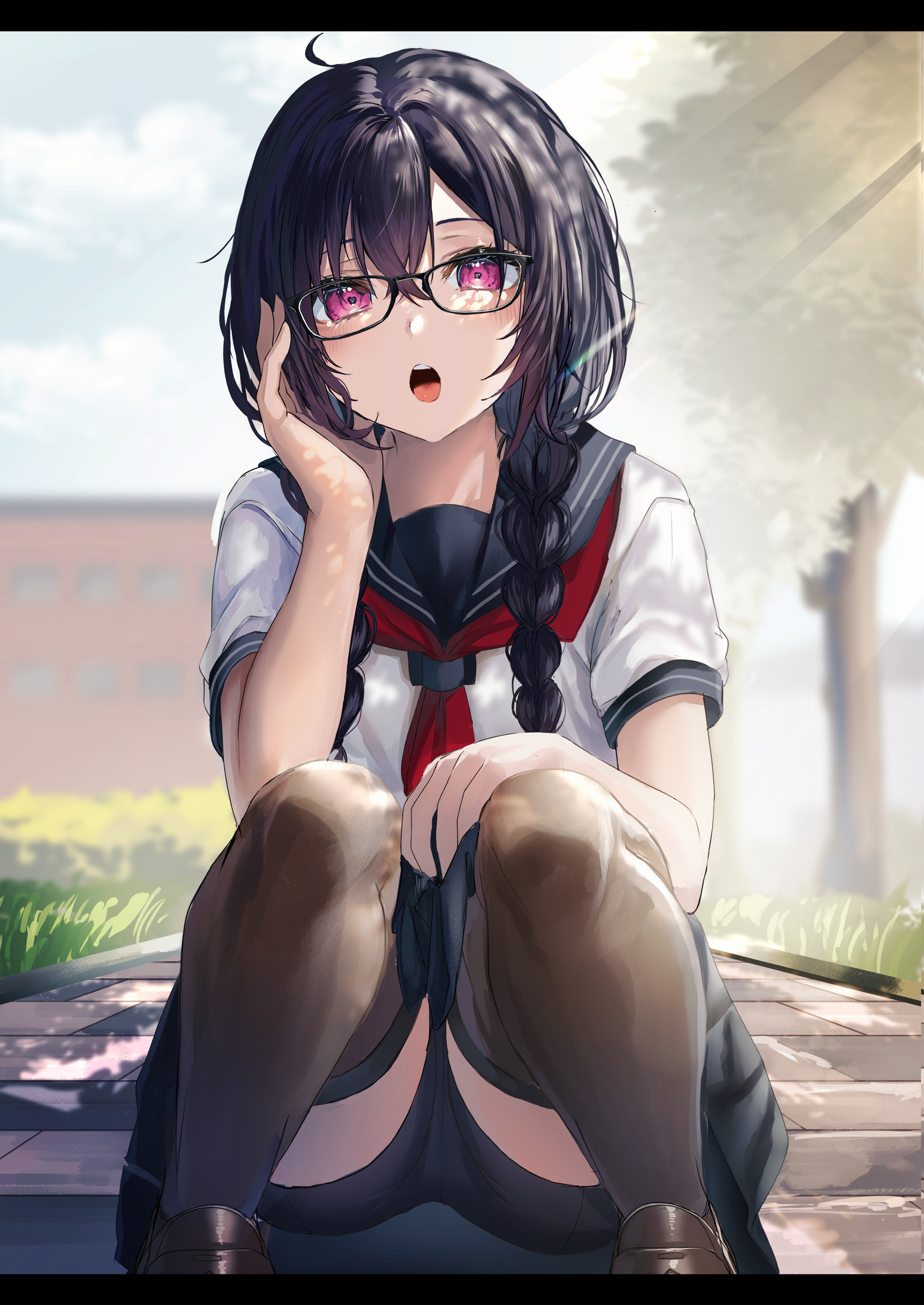 Anime Girls Anime Schoolgirl School Uniform Red Eyes Black Hair Braids Glasses 2508x3541