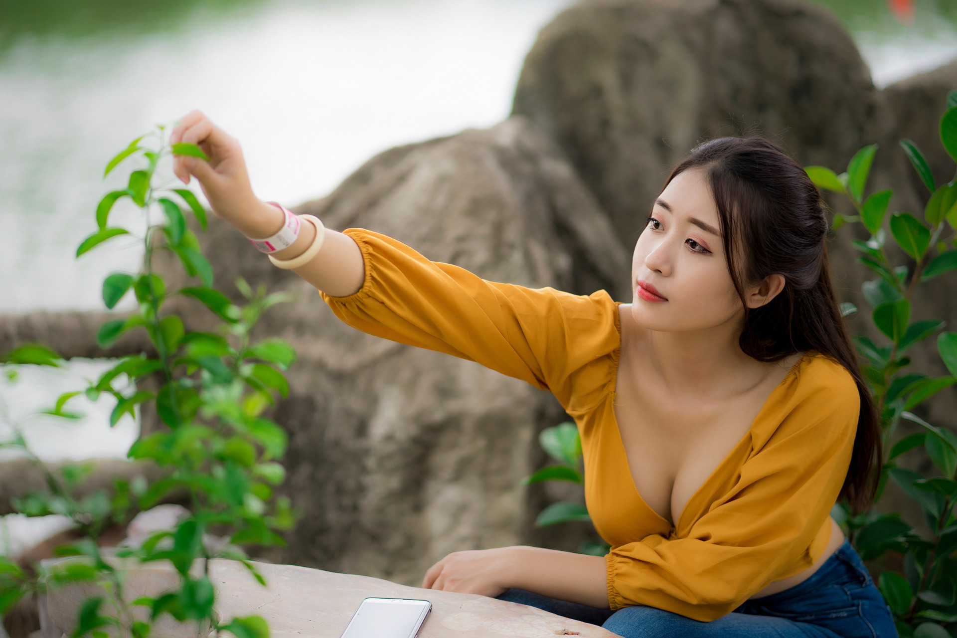 Asian Model Women Long Hair Dark Hair Jeans Blouses Yellow Shirt 1920x1280