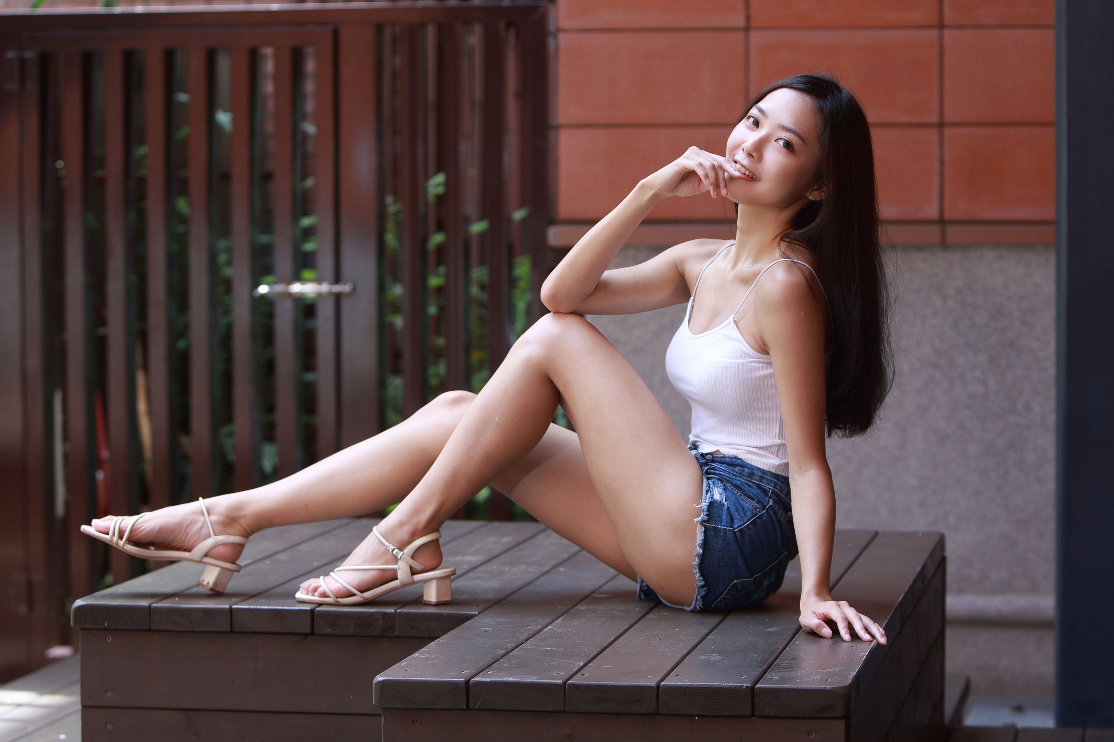 Asian Model Women Dark Hair Long Hair Sitting Barefoot Sandal Bench Jean Shorts White Shirt Fence Do 3840x2560