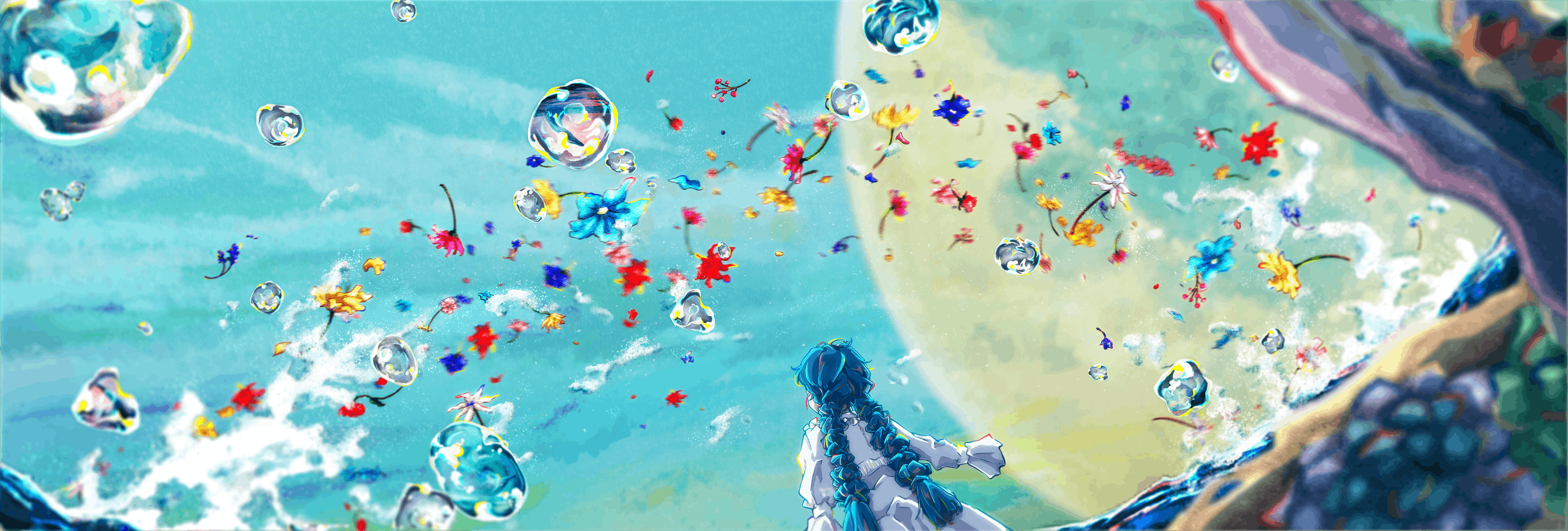 Digital Art Artwork Illustration Anime Flowers Women Anime Girls Abstract Bubbles Long Hair Blue Hai 3000x1016